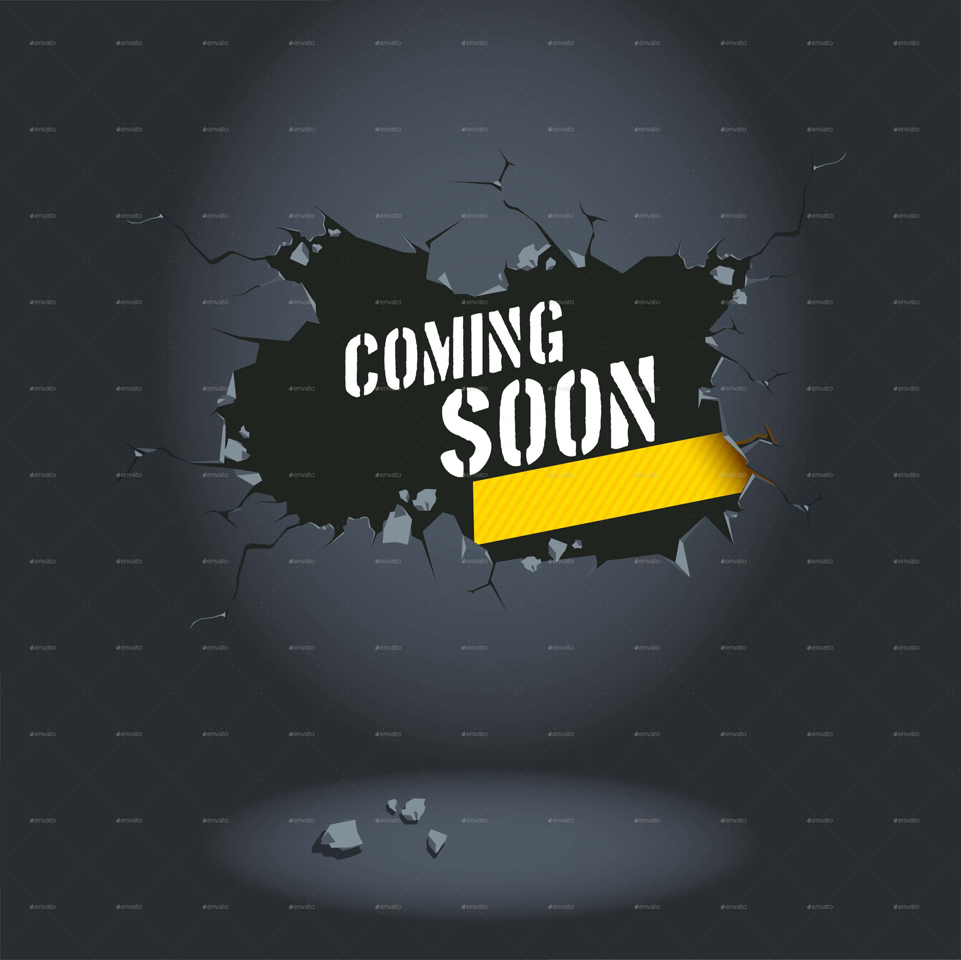 Coming Soon 桌布 壁紙 — 粗體白色文字「COMING SOON」連同黃色高亮條衝破裂開的深色牆壁。