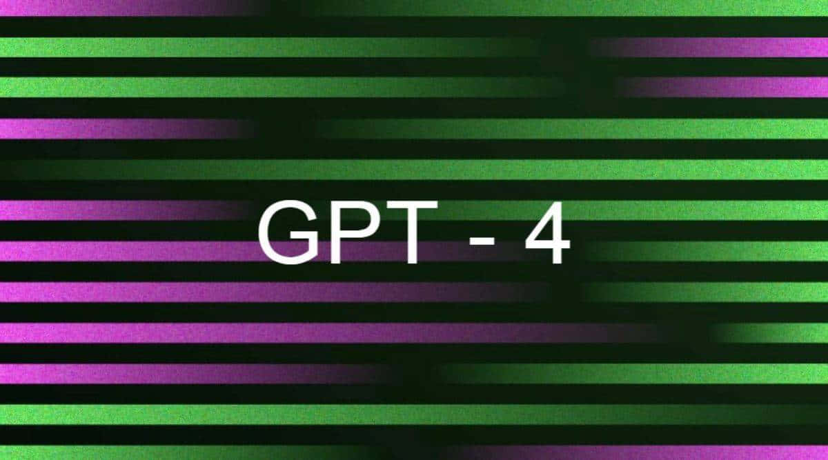 Gpt-4 桌布 壁紙 — 粗體白色文字 GPT-4 置中於充滿活力的綠色和紫色條紋數位背景上，帶有故障效果。