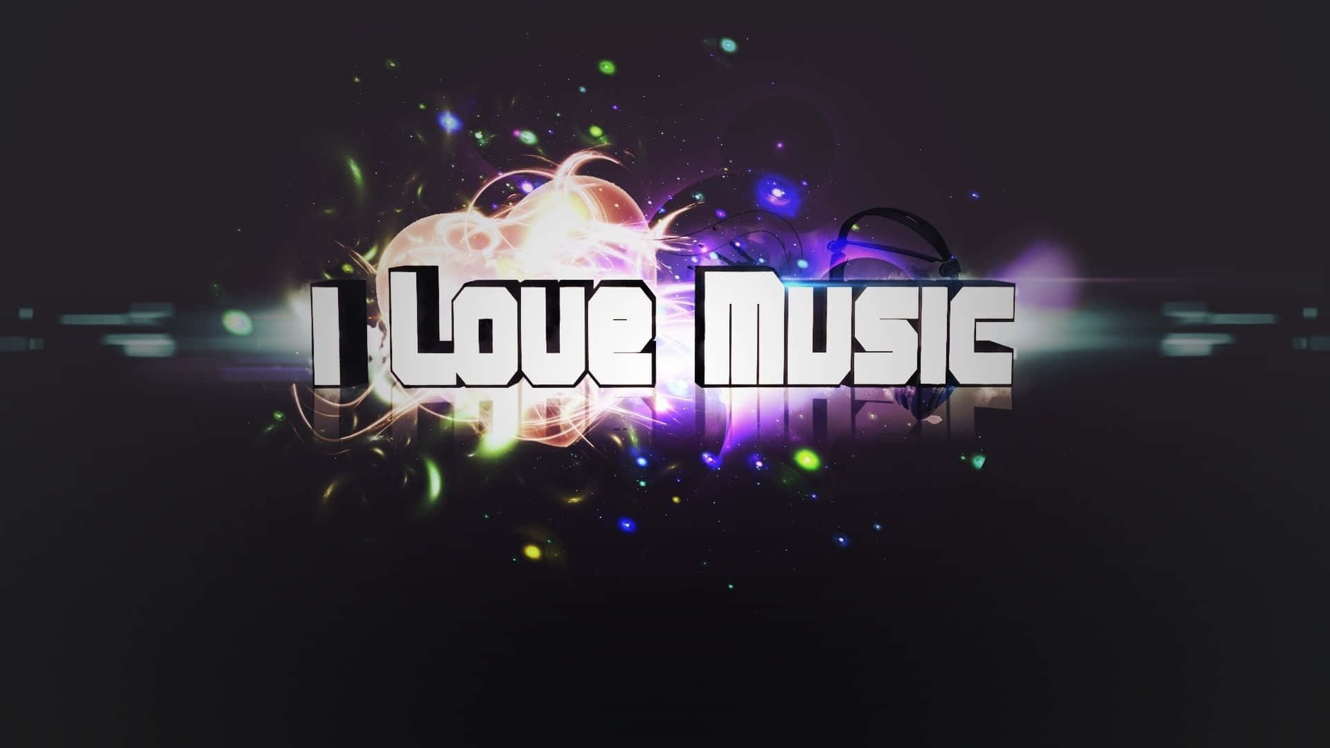 Cute Music 桌布 壁紙 — 粗體白色文字「I Love Music」在深色背景上隨著充滿活力的霓虹火花和發光粒子跳動。