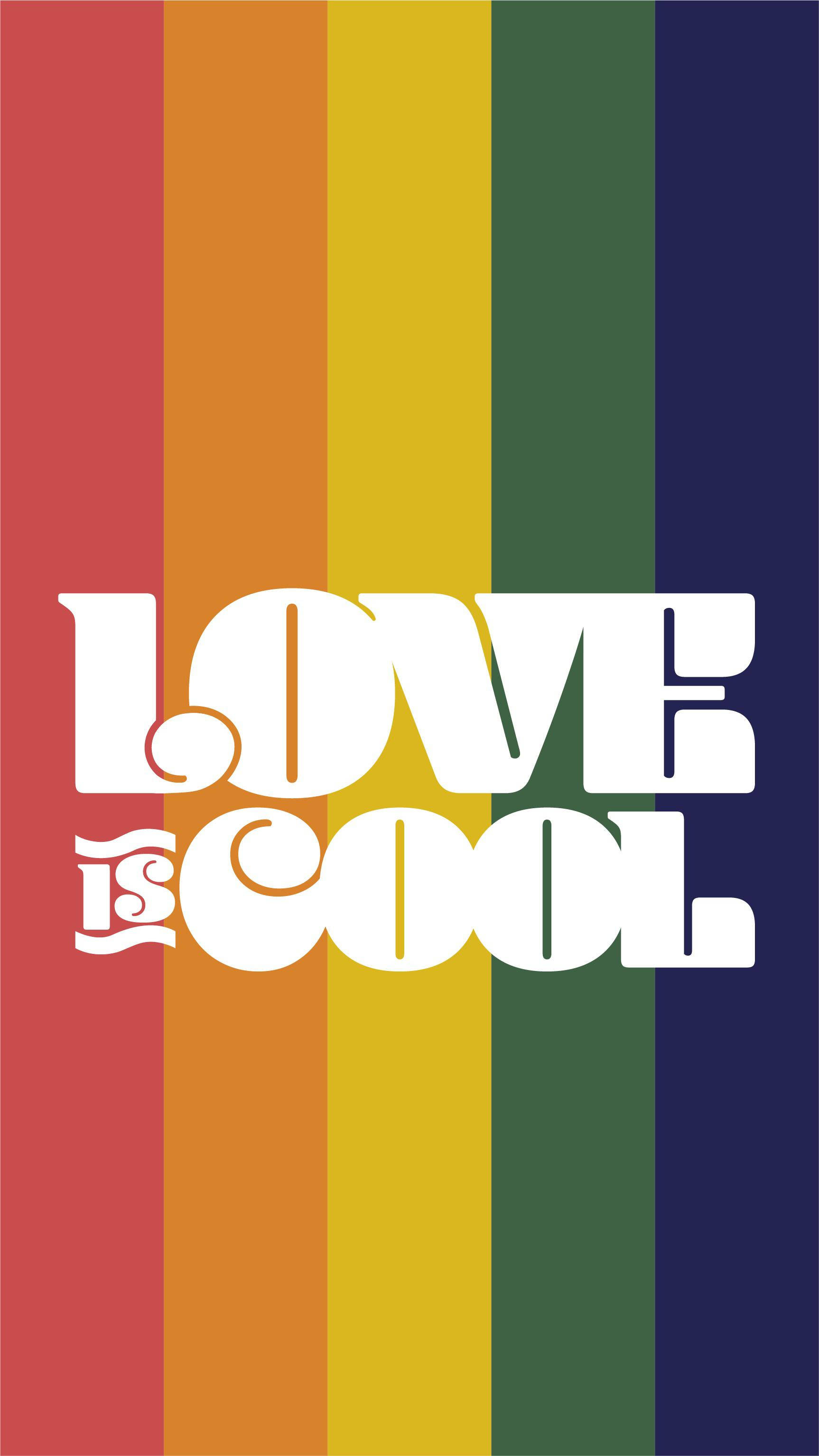 lgbt 桌布 壁紙 — 粗體白色文字「LOVE IS COOL」疊加在充滿活力的垂直彩虹條紋上，呈現復古圖形設計。