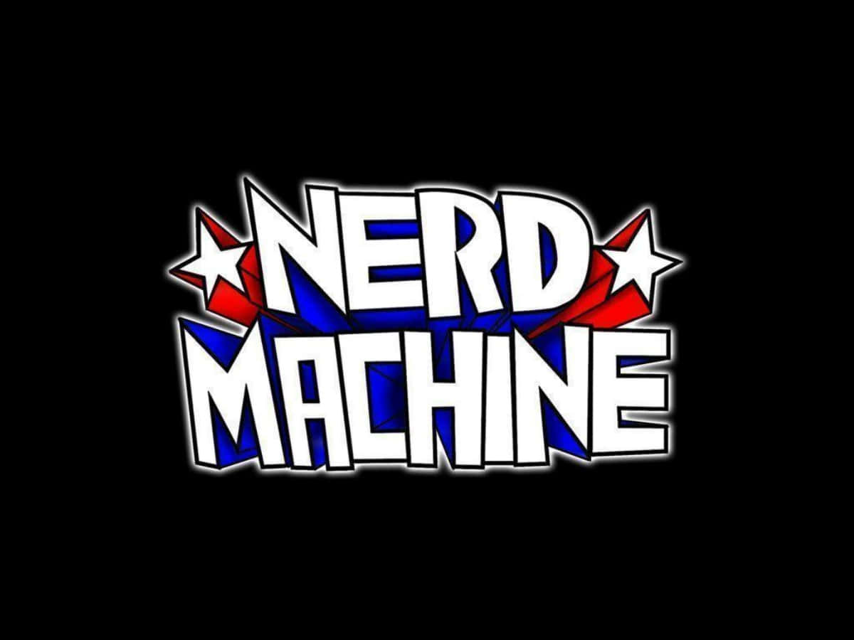 書呆子 桌布 壁紙 — 粗體白色文字「NERD MACHINE」帶有紅色星星和藍色高光，在黑色背景上發光。