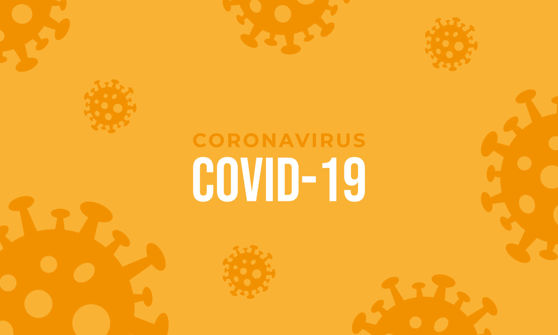 Coronavirus 桌布 壁紙 — 粗體白色文字寫著「coronavirus covid-19」，居中於充滿活力的橙色背景上，並帶有風格化的病毒圖標。