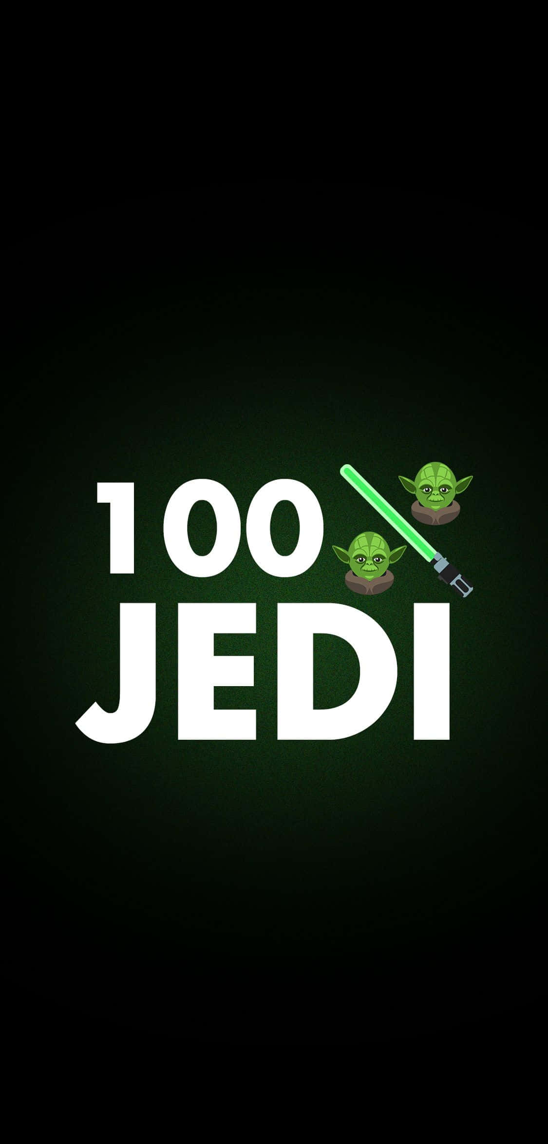 尤達 桌布 壁紙 — 粗體白色文字顯示 100 JEDI，背景為深綠色漸變，配有兩個尤達表情符號和一把綠色光劍。