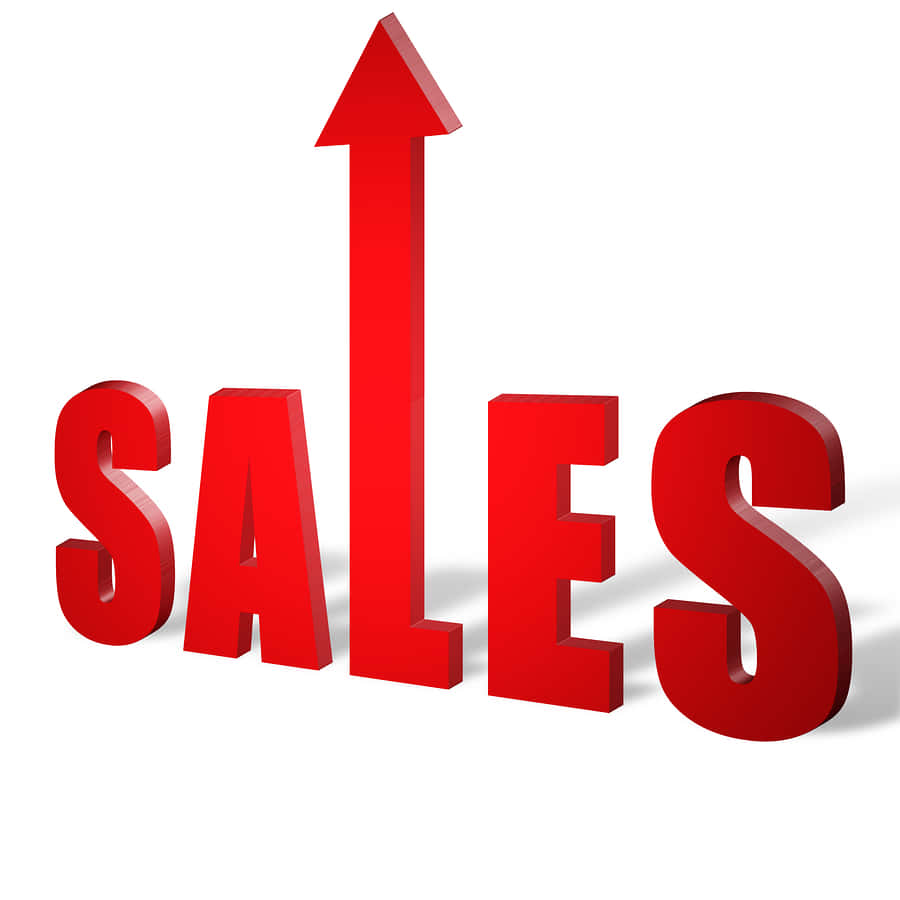 Sales 桌布 壁紙 — 粗體紅色3D字母拼出sales，從字母a升起向上箭頭，背景為白色。