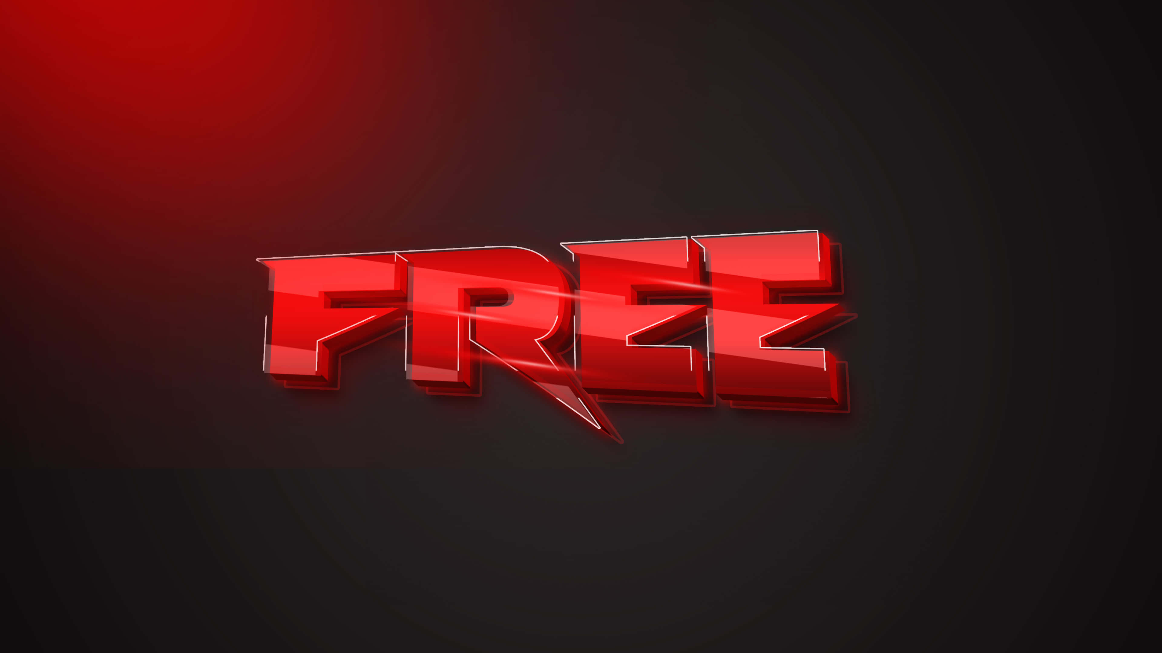 免費 桌布 壁紙 — 粗體紅色3D文字拼寫FREE，在帶有微妙燈光效果的深色漸變背景上發光。