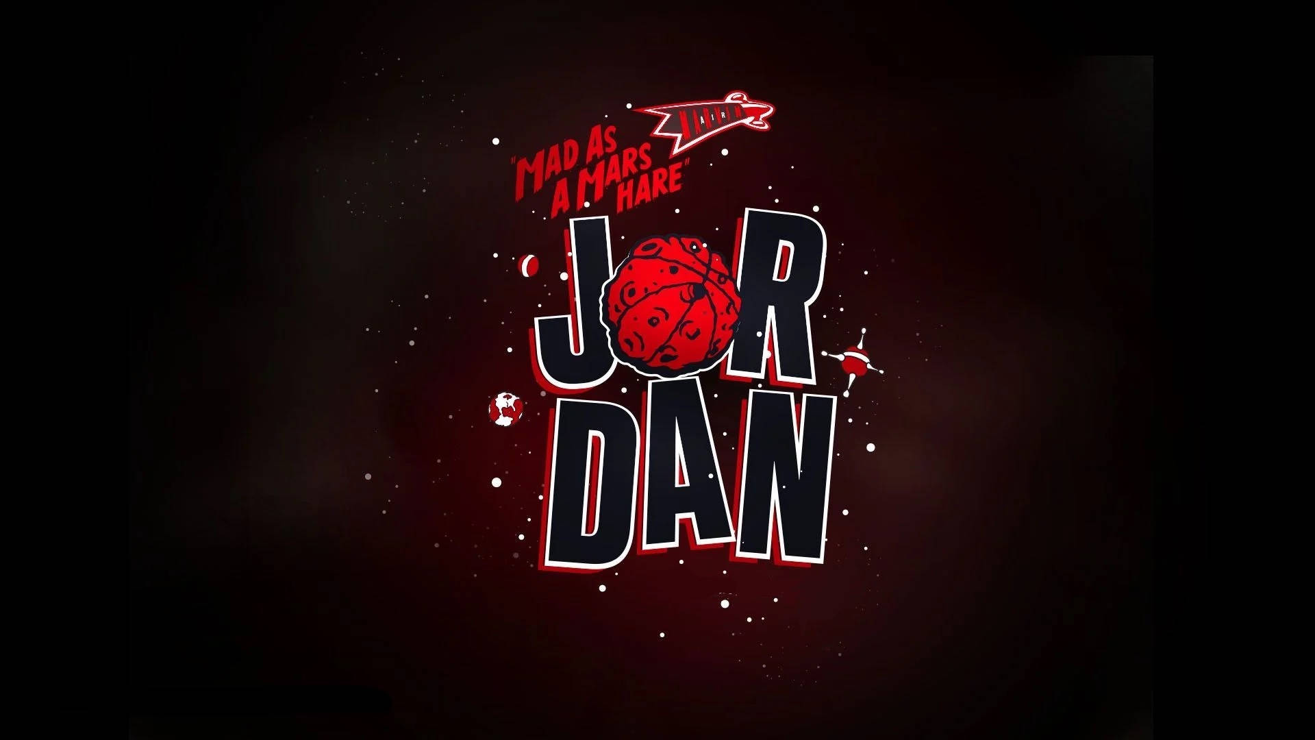 Jordan 桌布 壁紙 — 粗體紅色和黑色風格文字拼寫 JORDAN，以籃球取代 O，背景為深色宇宙。