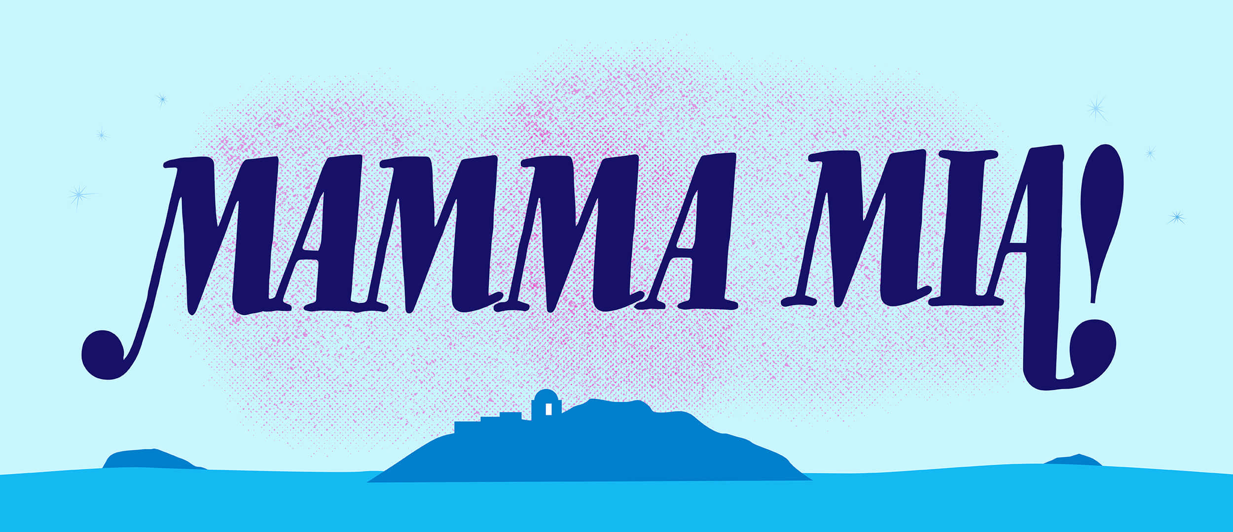 Mamma Mia 桌布 壁紙 — 粗體紫色 'MAMMA MIA!' 文字漂浮在風格化的藍色島嶼剪影上，背景是帶有半色調紋理的淺藍色天空。