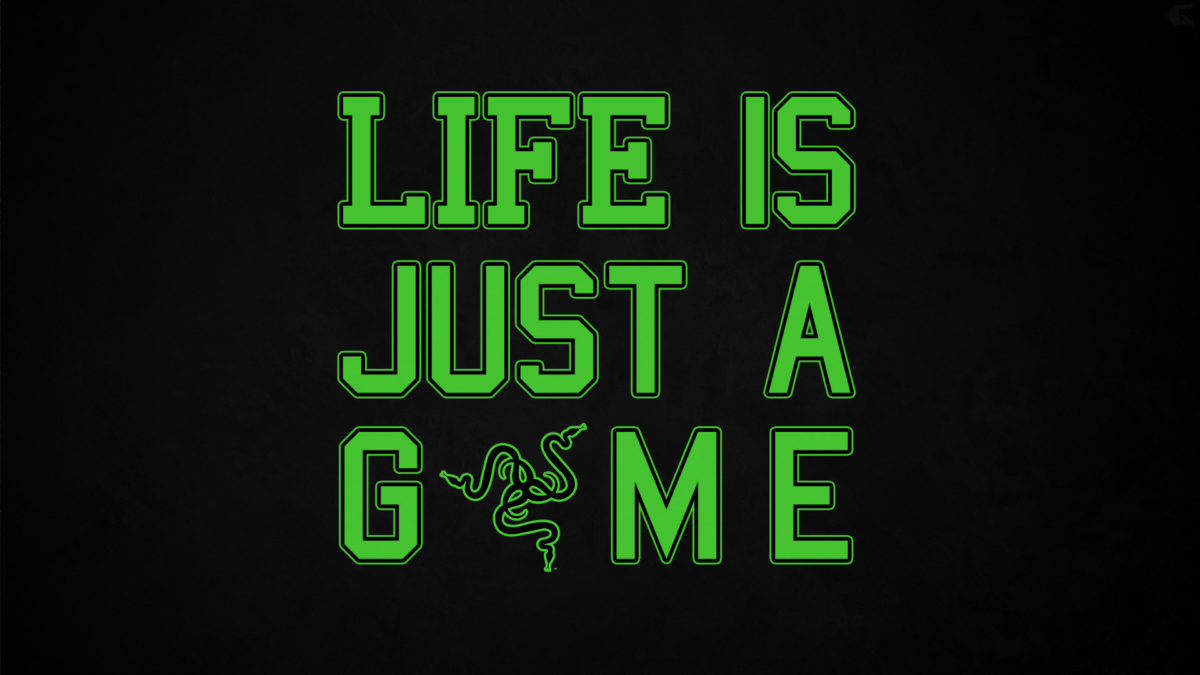 4K 桌布 壁紙 — 粗體綠色文字顯示「LIFE IS JUST A GAME」，Razer 標誌取代了「O」，背景為黑色紋理。