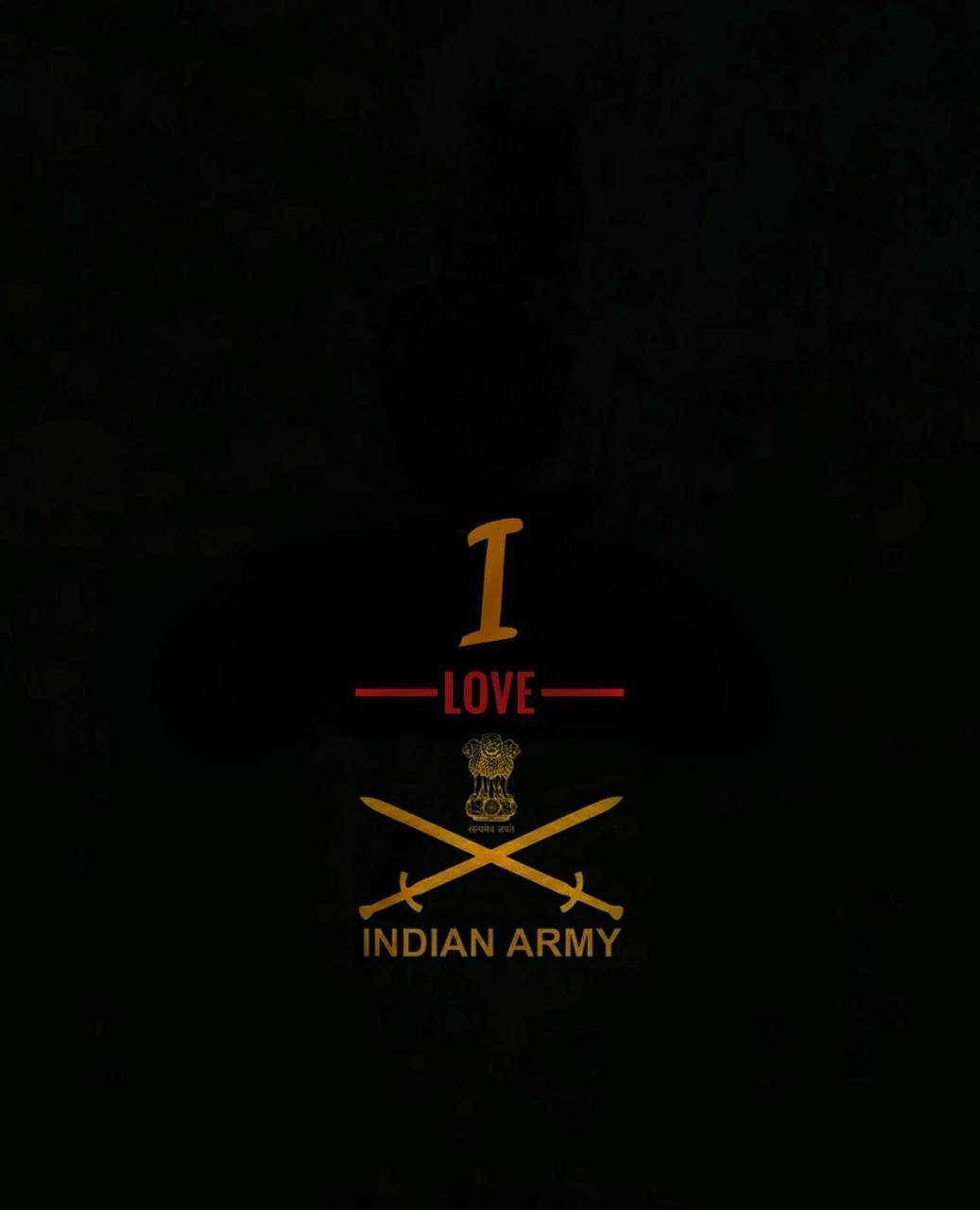 Indian 桌布 壁紙 — 粗體金色文字在黑色背景上居中顯示「I LOVE INDIAN ARMY」，上方有交叉的劍和國徽。