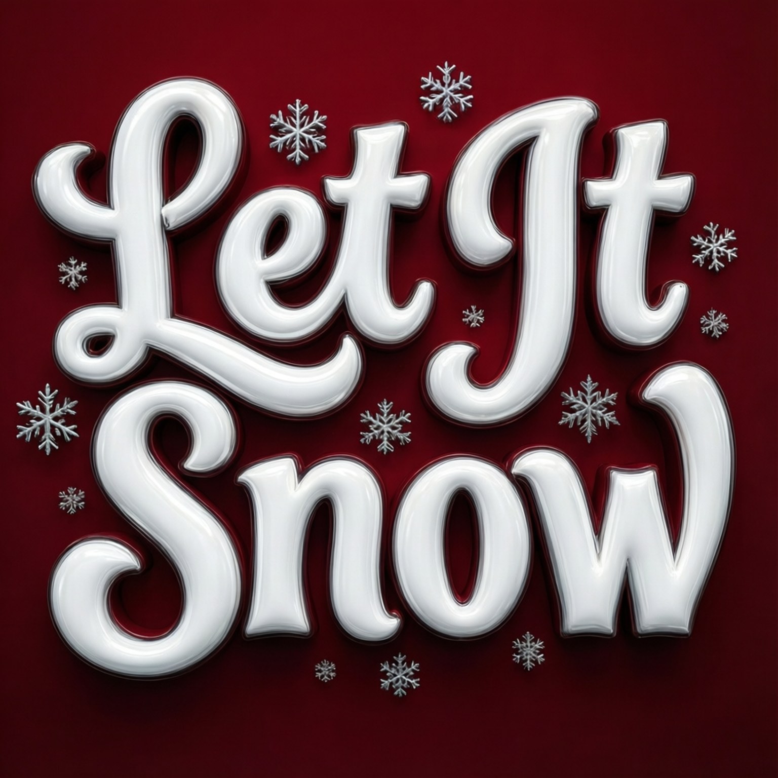 粗體白色3D文字寫著Let It Snow，紅色背景上有銀色雪花。