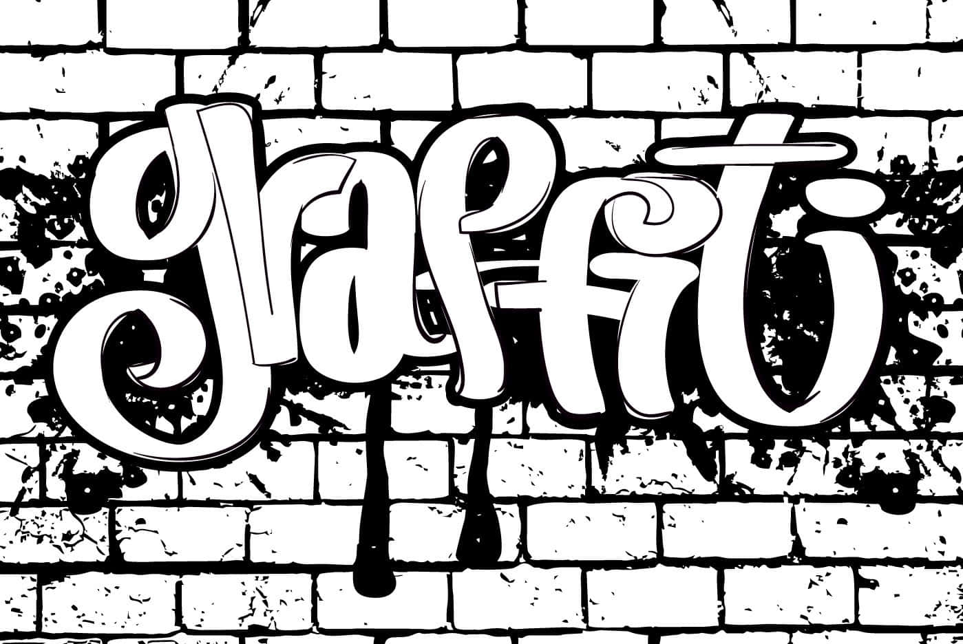 Black And White Graffiti 桌布 壁紙 — 粗體黑白塗鴉字母拼出 'Graffiti'，沿著紋理磚牆滴落。