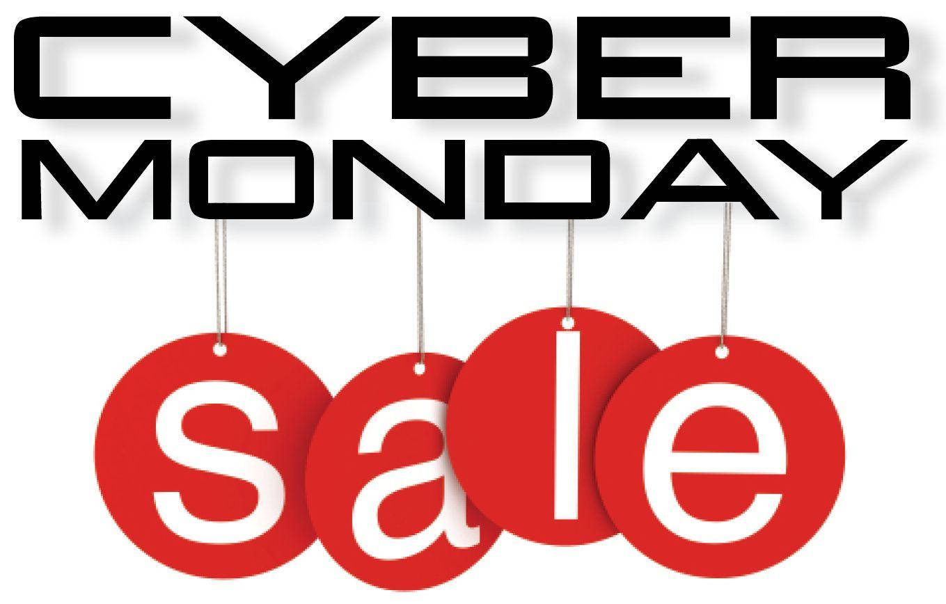 Shopping 桌布 壁紙 — 粗體黑色「CYBER MONDAY」文字懸浮在四個紅色圓形標籤上方，標籤上以白色拼寫「sale」，並用繩子懸掛。