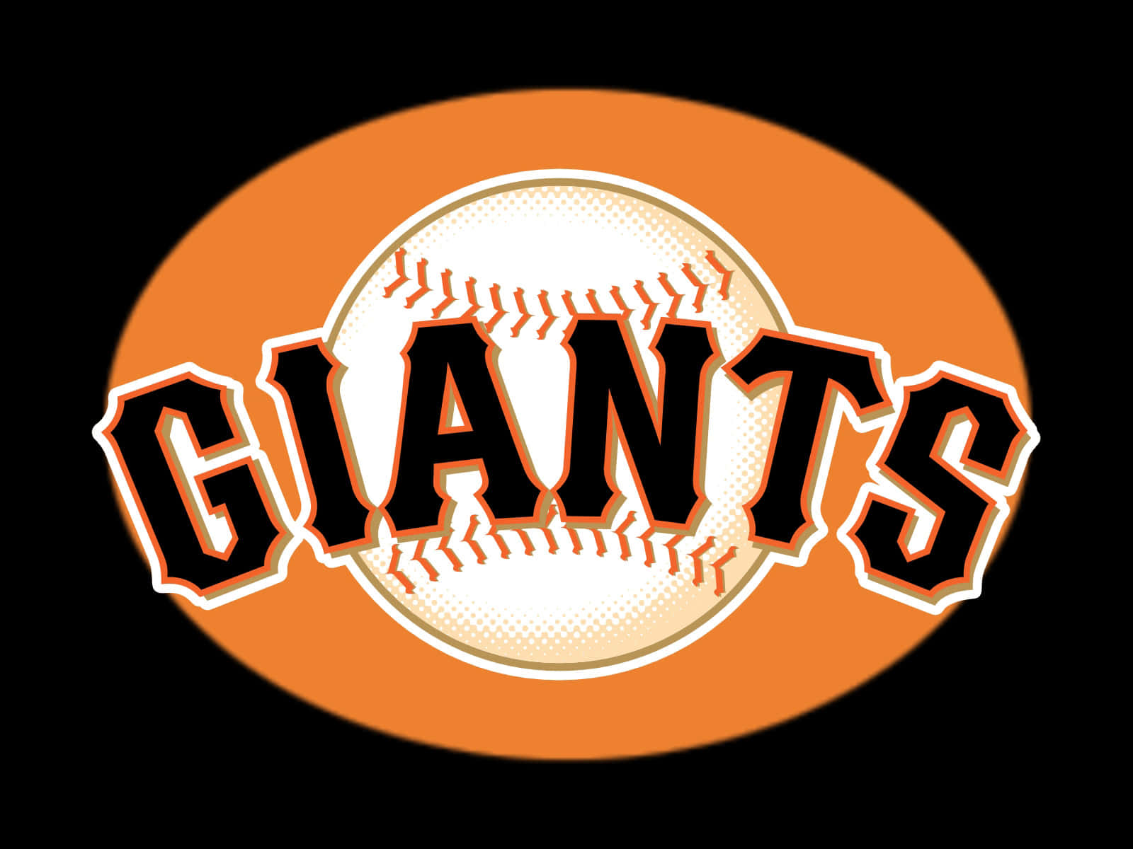 Logo 桌布 壁紙 — 粗體黑色 'GIANTS' 文字在黑色背景上，拱形跨越一個帶有紅色縫線的白色棒球，襯托著鮮豔的橙色橢圓形。