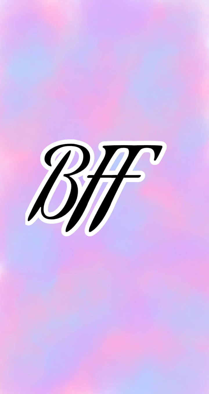 可愛 桌布 壁紙 — 粗體黑色BFF字母帶白色輪廓，漂浮在粉紅、紫色和藍色的柔和粉彩漸變背景上。