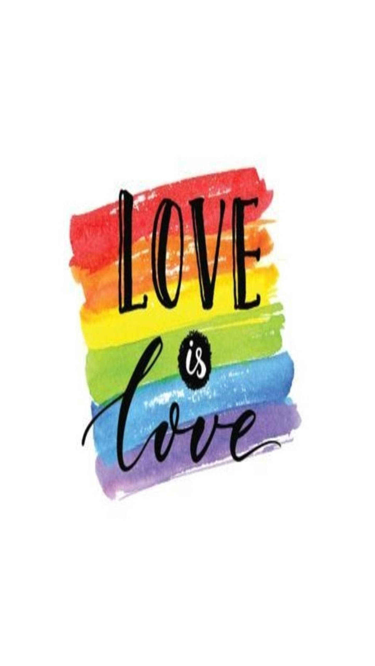 愛心 桌布 壁紙 — 粗體黑色文字「LOVE is love」覆蓋在鮮豔的彩虹水彩條紋上，背景為純白色。