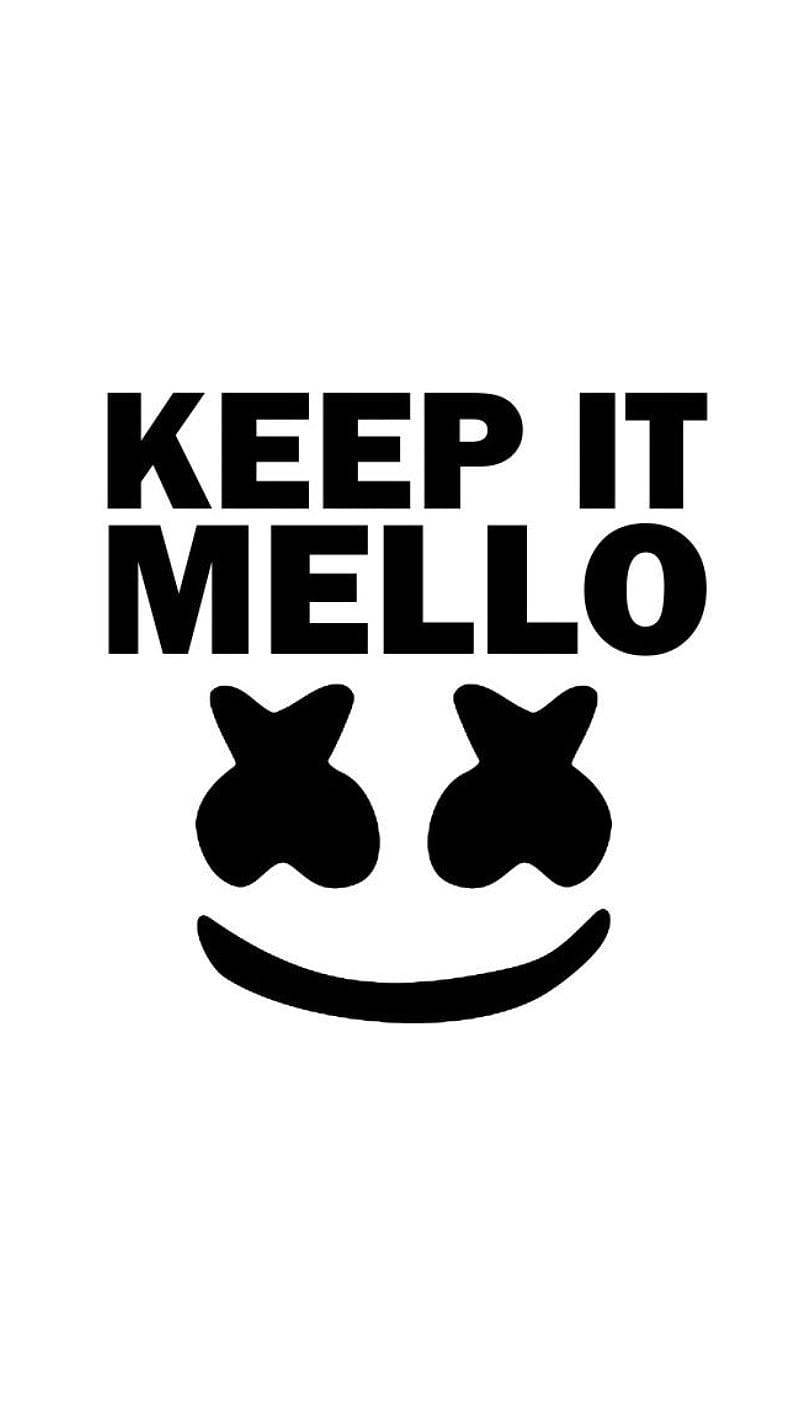 Marshmello 桌布 壁紙 — 粗體黑色文字寫著 KEEP IT MELLO，上方有一個簡單的笑臉，眼睛是 X 形狀，背景為純白色。