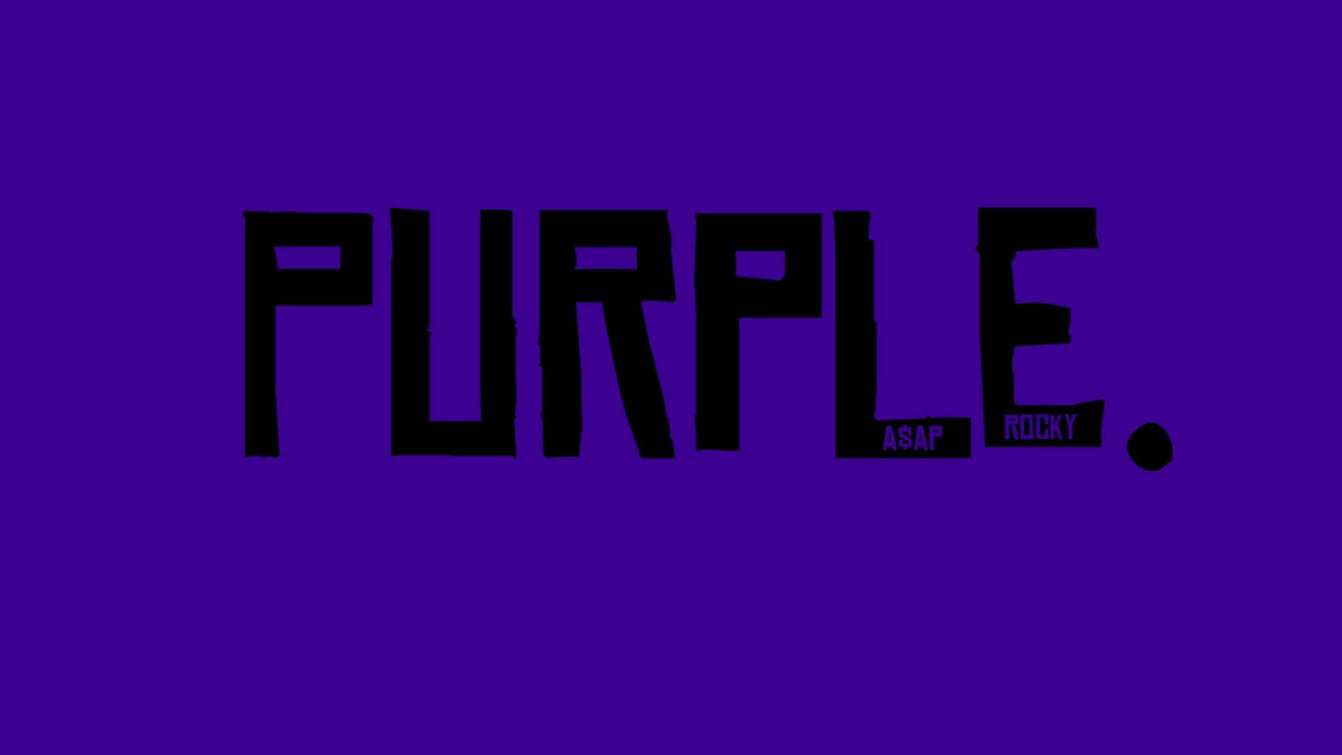 Asap Rocky《Purple Swag》 壁紙 — 粗體黑色文字拼出PURPLE，置於純深紫色背景上，下方有小型藝術家鳴謝。