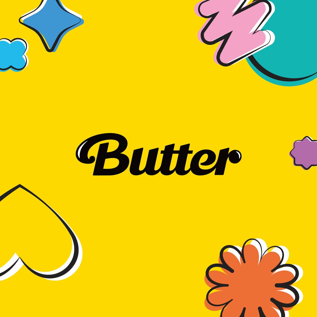 Butter 桌布 壁紙 — 粗體黑色斜體 Butter 文字居中於鮮黃色背景，邊緣環繞著俏皮多彩的卡通形狀。