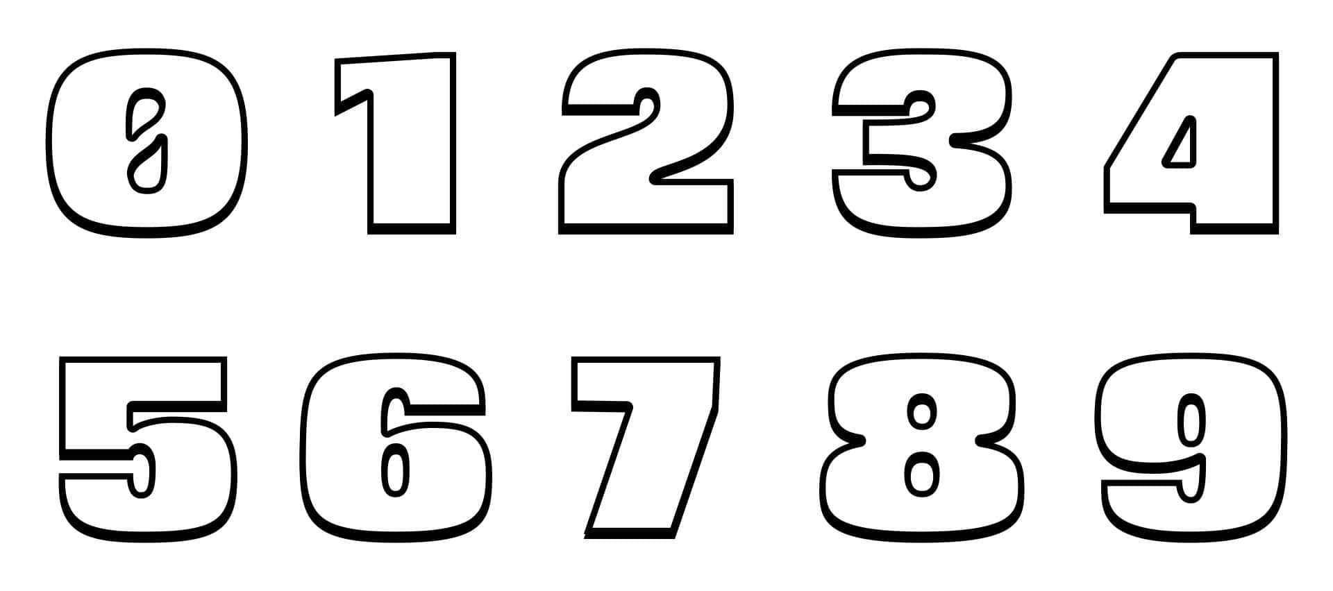 Black And White Number 桌布 壁紙 — 粗體黑色輪廓數字零至九，排列成兩行，置於純白背景上。