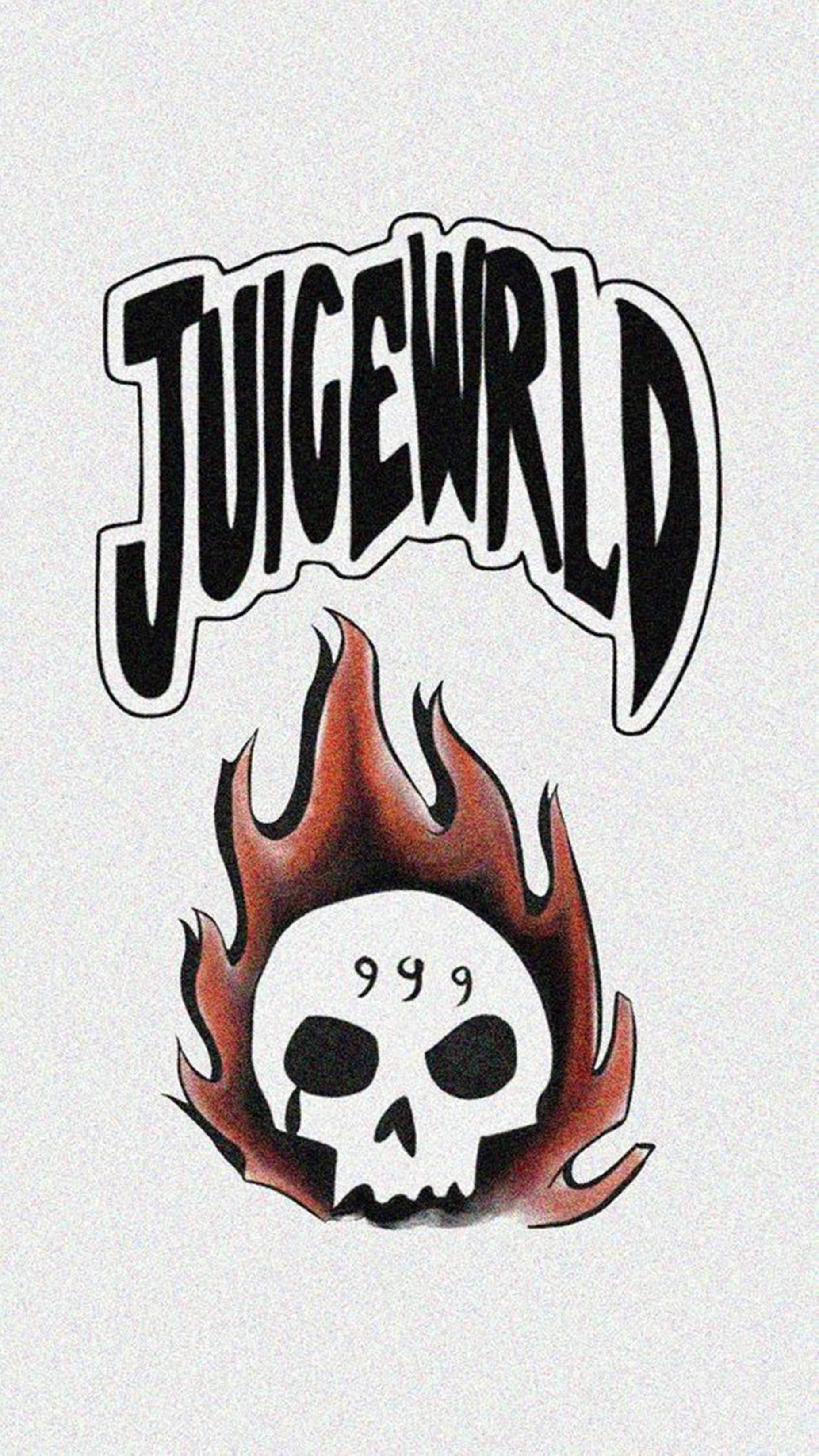 藝術 桌布 壁紙 — 粗體黑色風格文字喺火焰骷髏頭上方寫住「JUICEWRLD」，額頭刻有「999」。