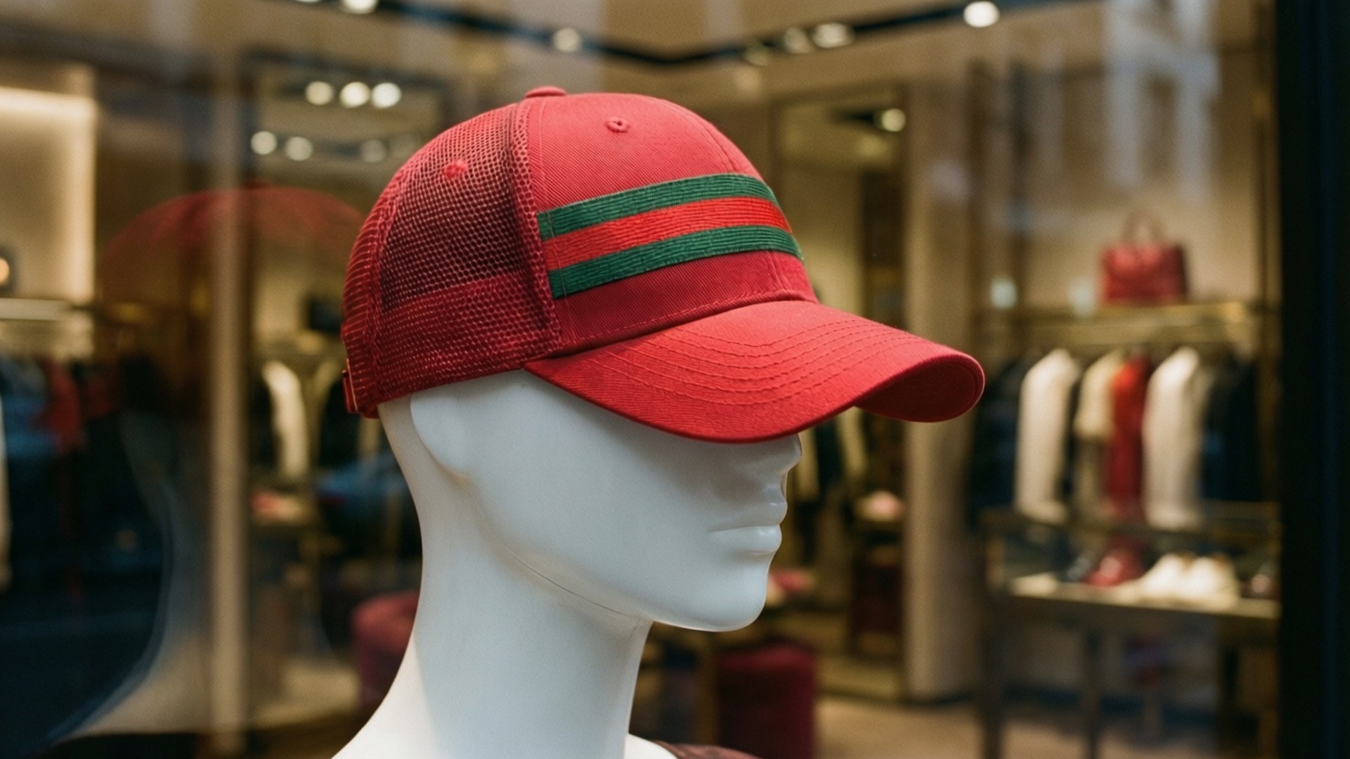 精品店櫥窗展示 壁紙 — 一頂帶有綠色條紋的紅色棒球帽放在商店櫥窗的白色模特兒頭上。