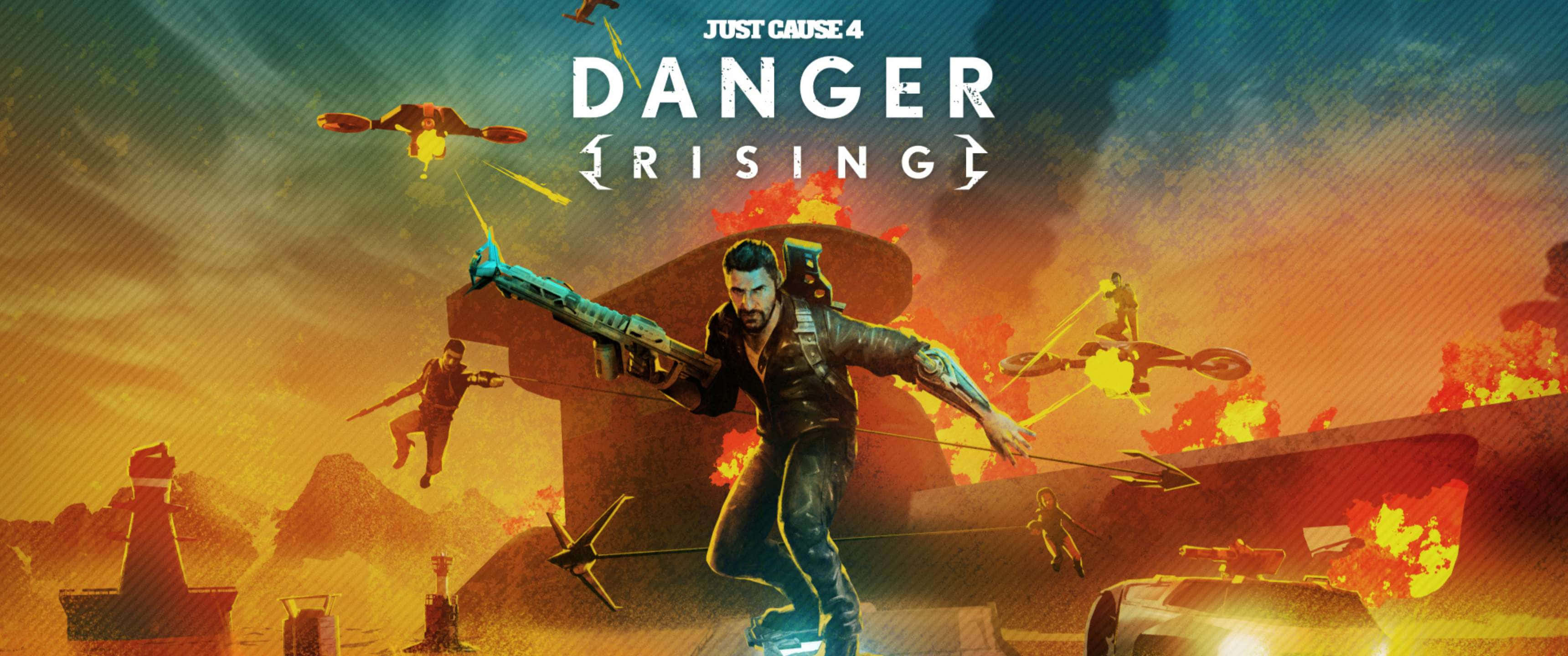 精彩遊戲截圖 —《Just Cause 4》超寬螢幕 3440x1440p 壁紙 — 一個粗獷的英雄在熾熱的日落景觀中開火，直升機在他周圍爆炸，形成混亂的動作場面。