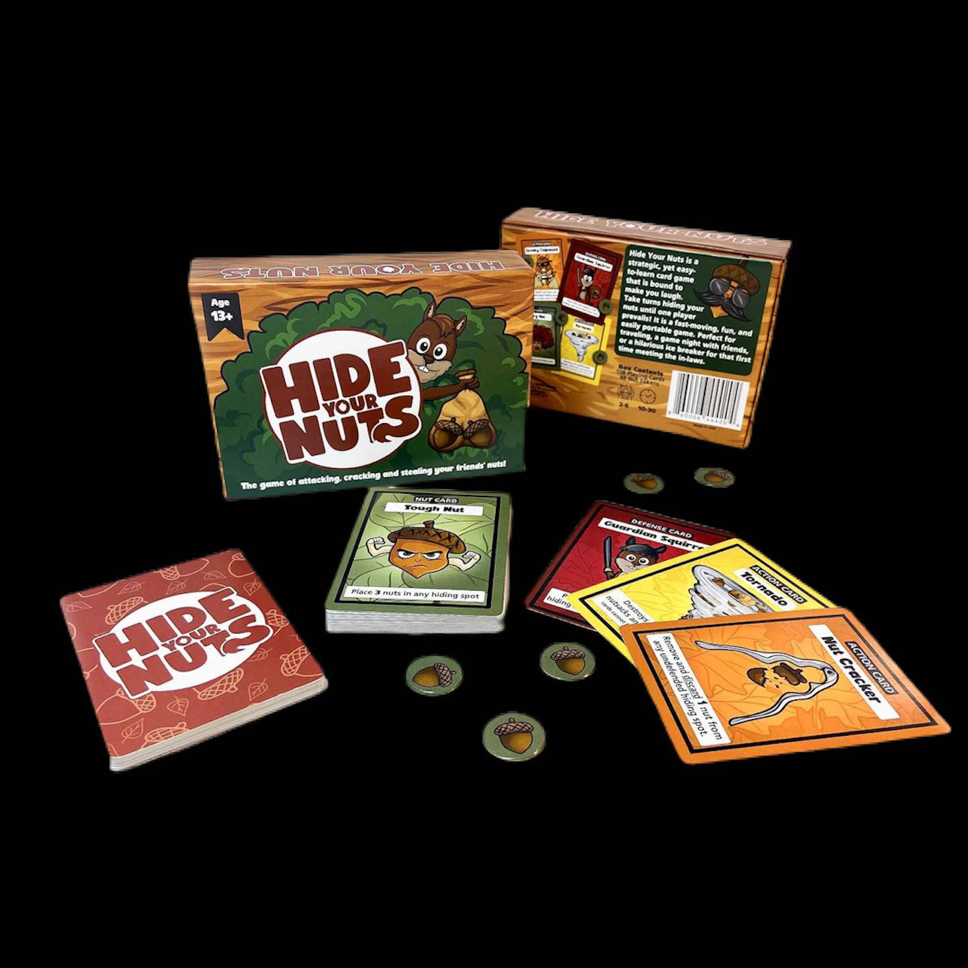 棋盤遊戲 Hide Your Nuts，卡片和籌碼在黑色背景上。