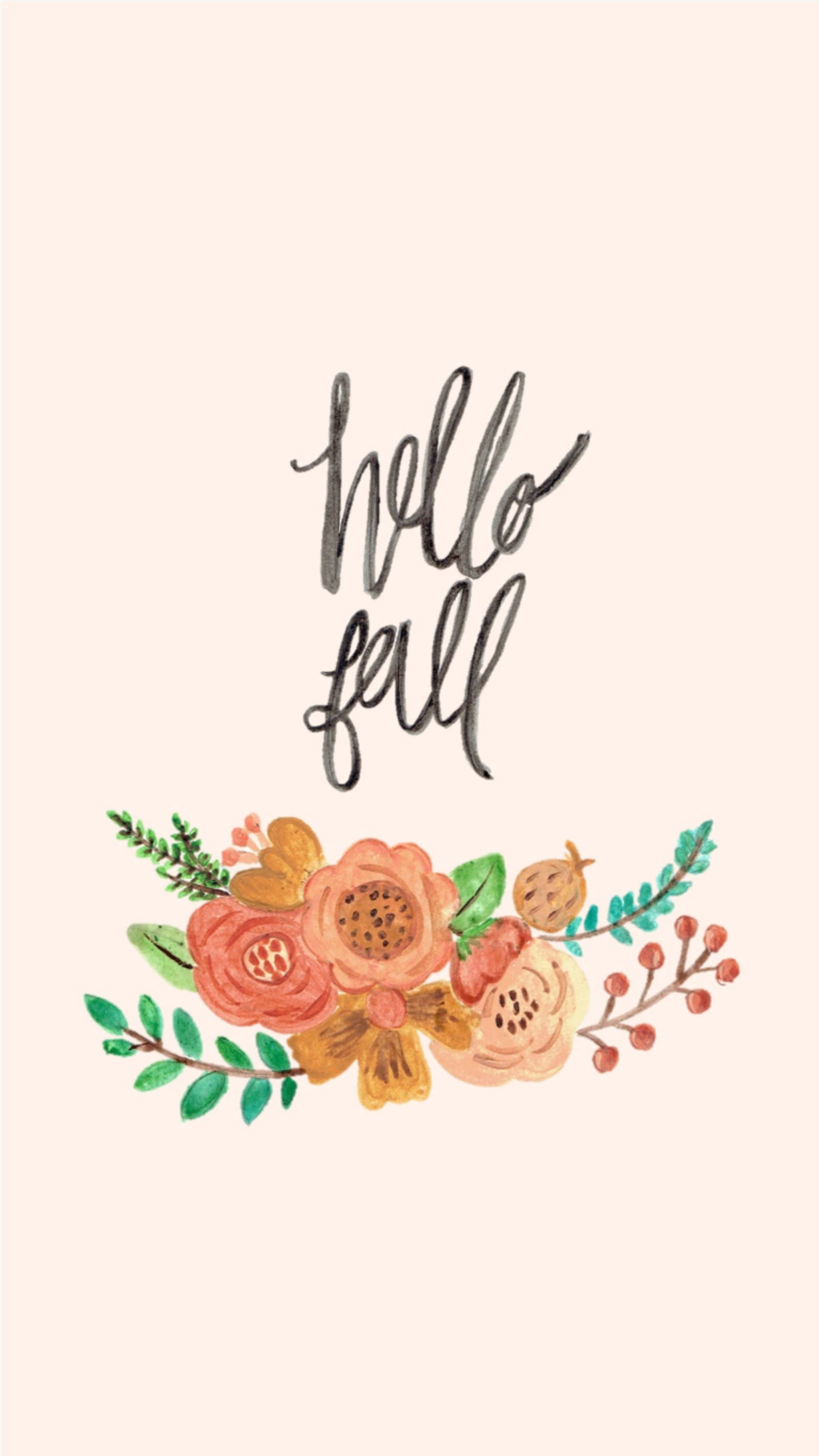 精緻「Hello Fall」iPhone壁紙 壁紙 — 水彩花卉佈置，柔和米色背景上帶有 'hello fall' 字樣。