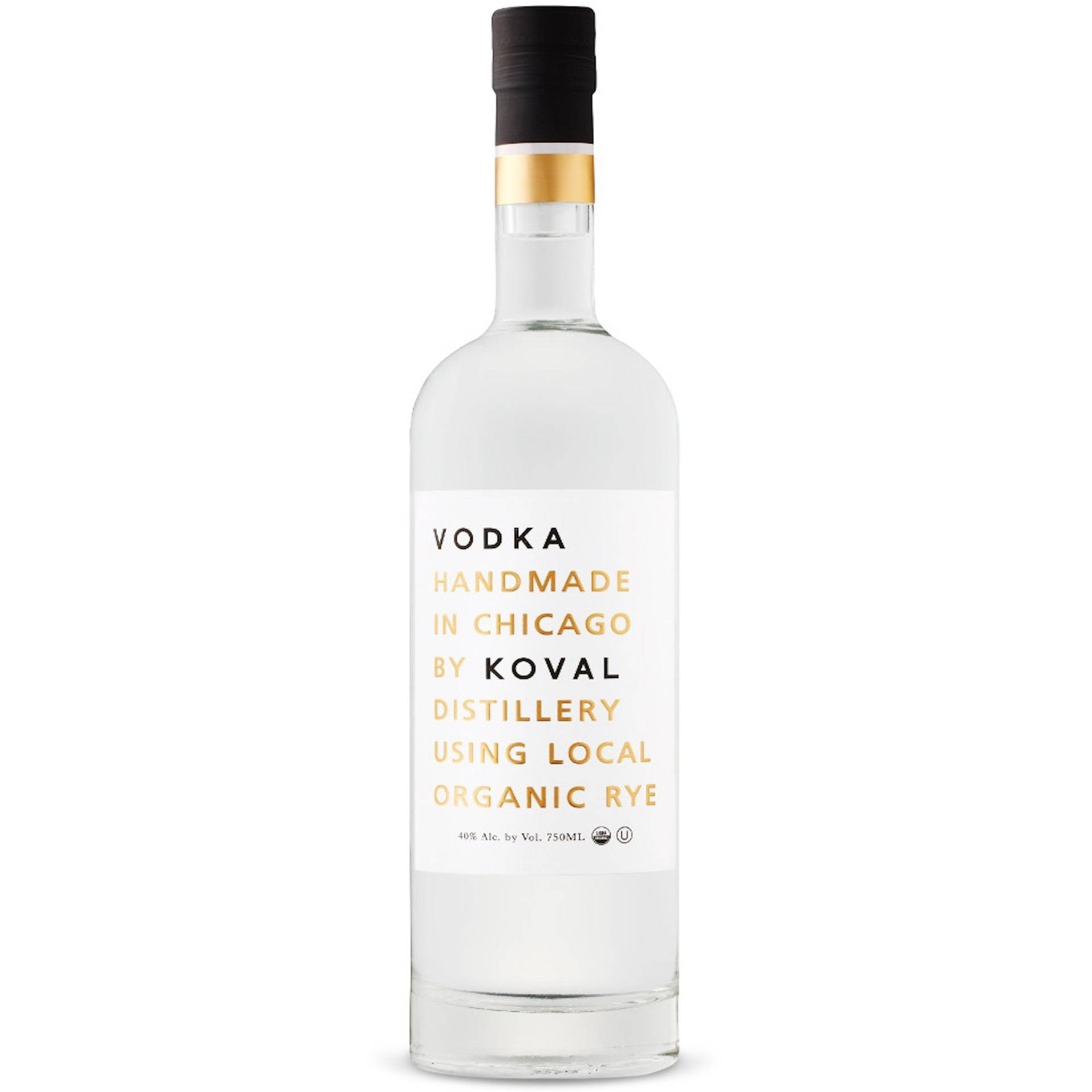 透明伏特加瓶，帶有白色和金色標籤，上面寫著由Koval Distillery在芝加哥手工製作。