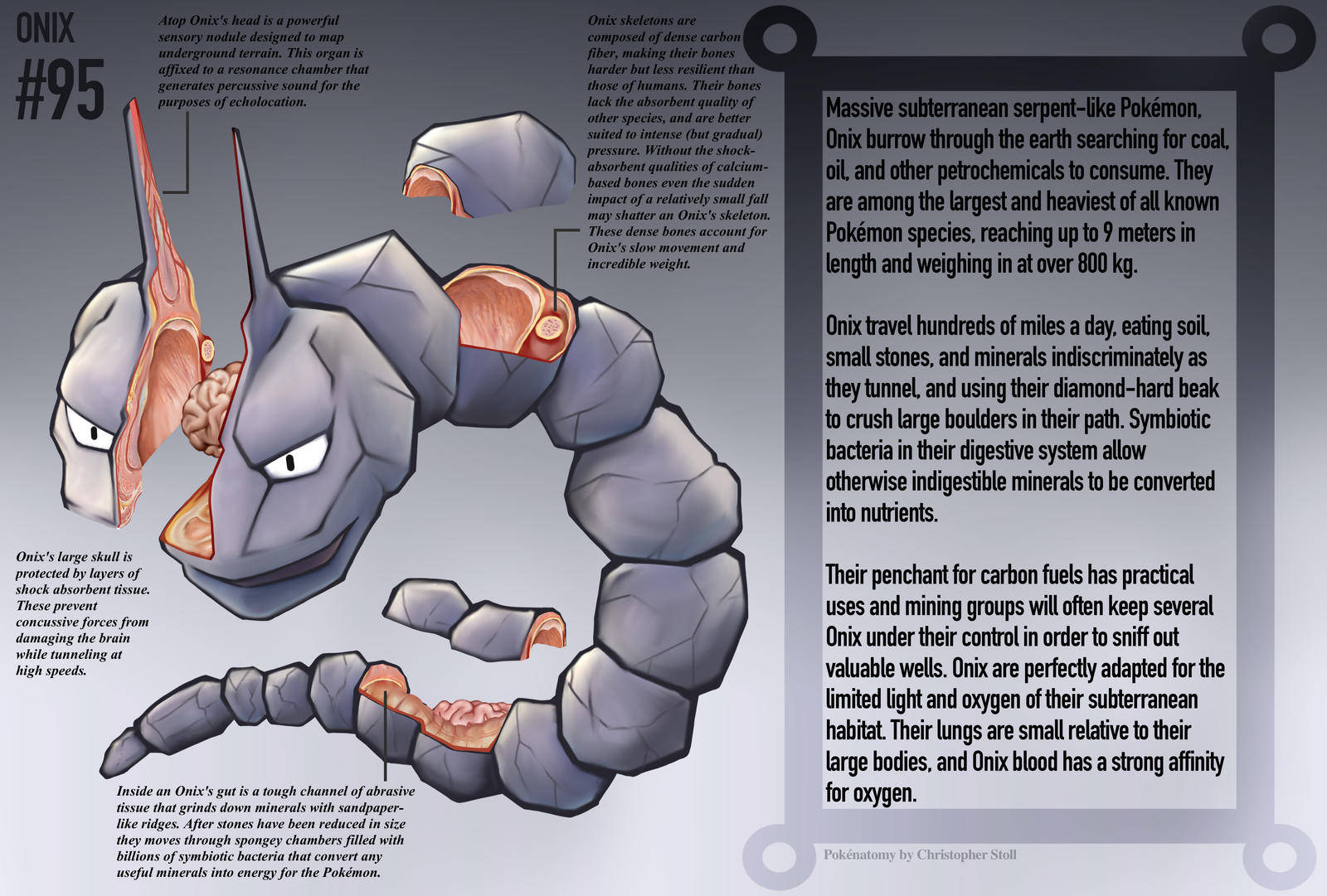 精緻 Onix 插畫海報 壁紙 — 一幅詳細的動漫風格插圖，描繪了寶可夢大岩蛇，在技術資訊圖表背景上展示其分段的岩石身體和尖銳的喙。