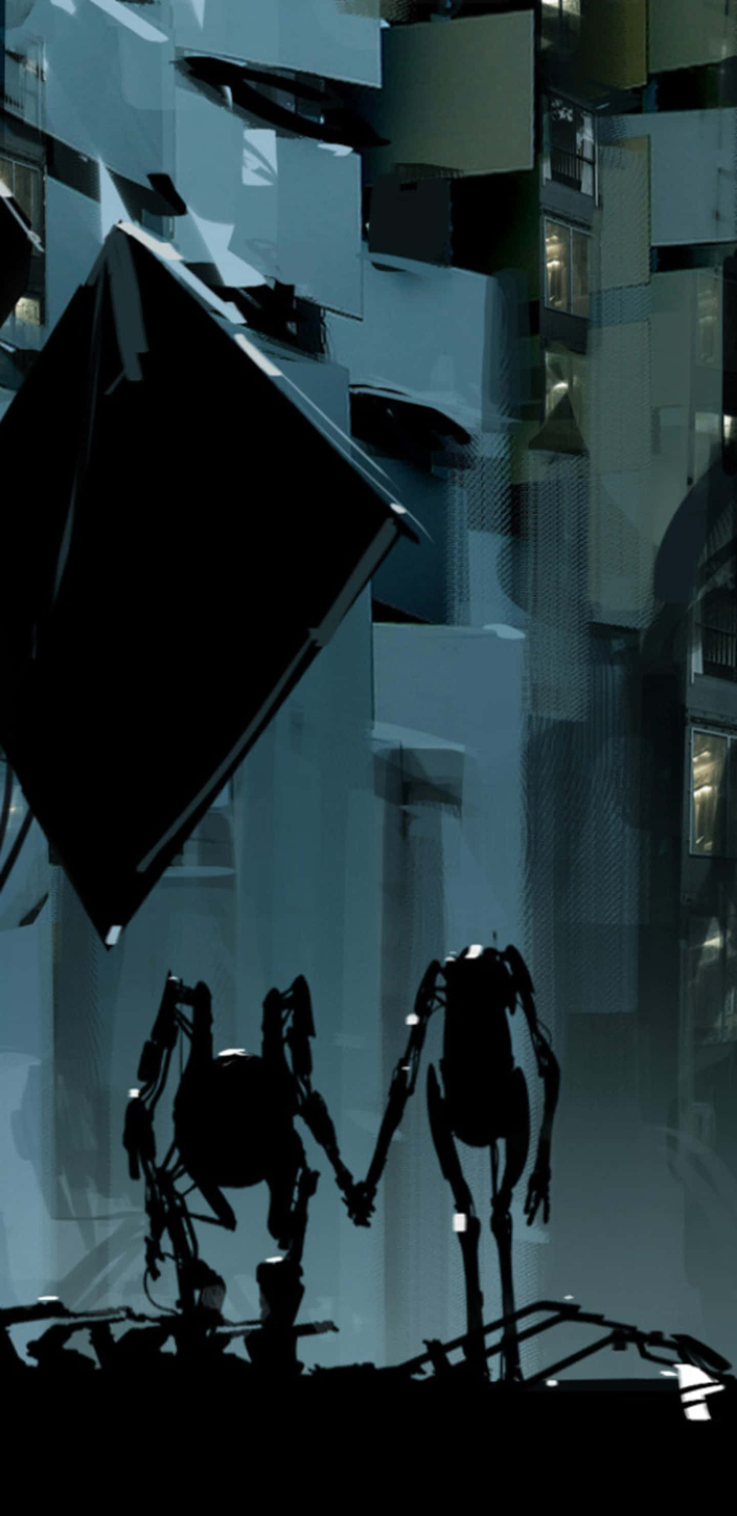 精緻 Portal 2 概念藝術展現於 Pixel 3XL 壁紙 — 兩個機械人喺冰冷藍光下嘅高聳破碎未來城市景觀中拖住手。