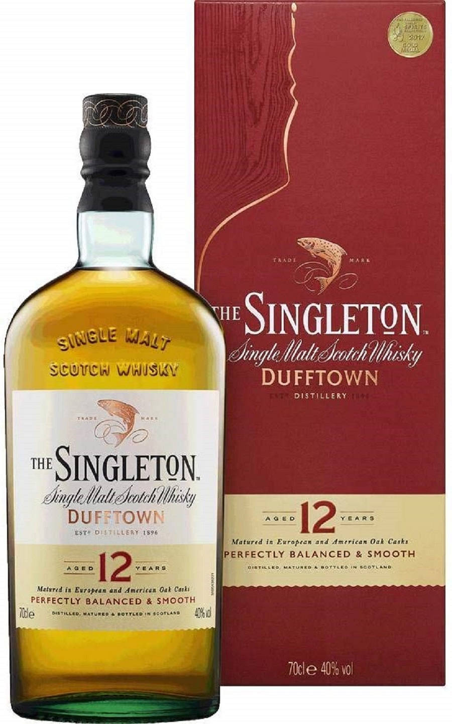 一瓶Singleton 12年蘇格蘭威士忌，配有紅色盒子，上面有金色文字和魚標誌。