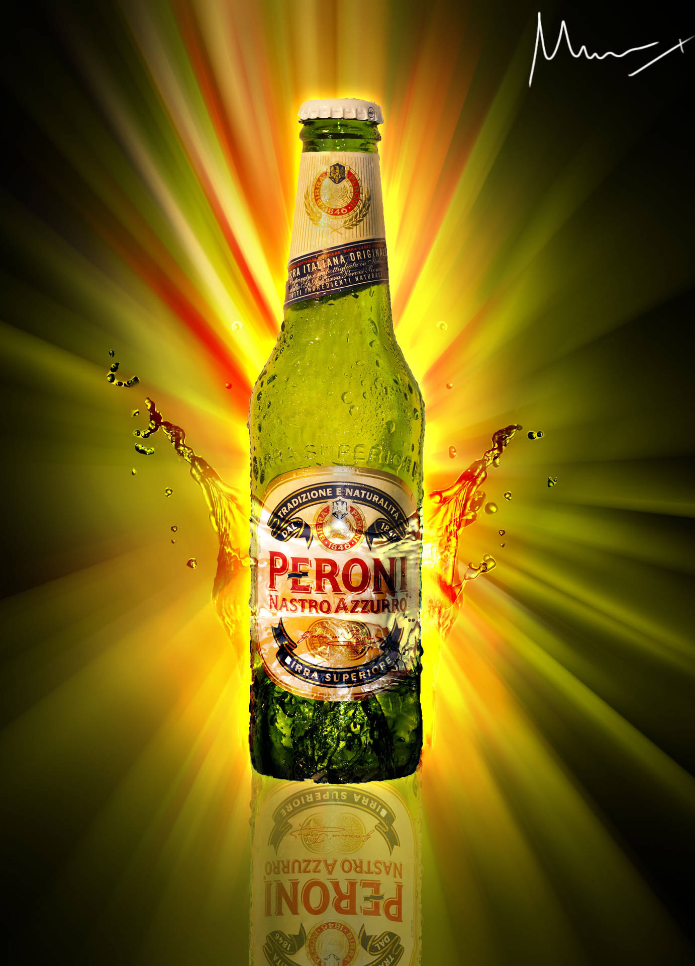 冰凍的Peroni啤酒瓶，帶有水花和明亮的背景。