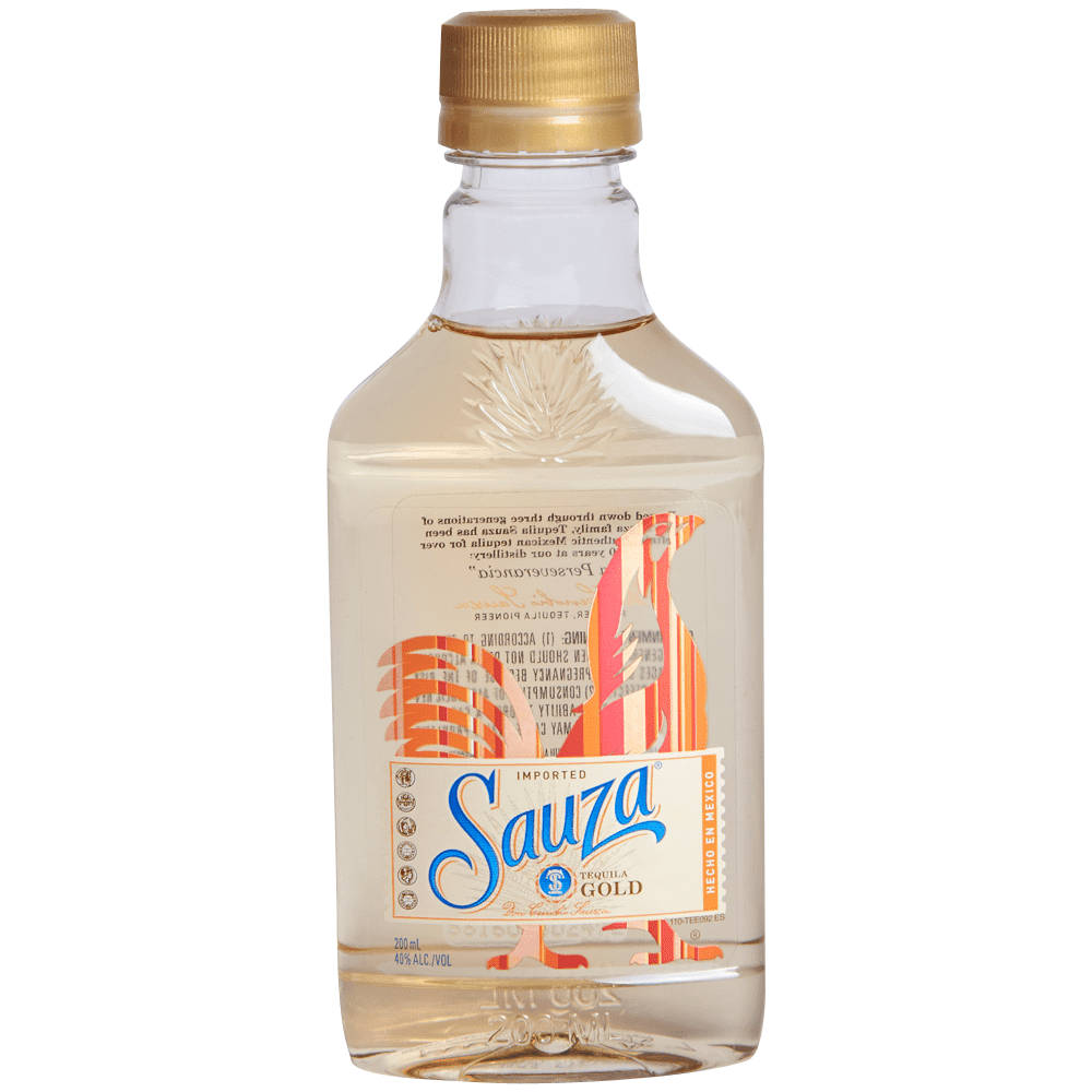 Sauza Tequila Gold 瓶，帶有金色瓶蓋和彩色標籤。