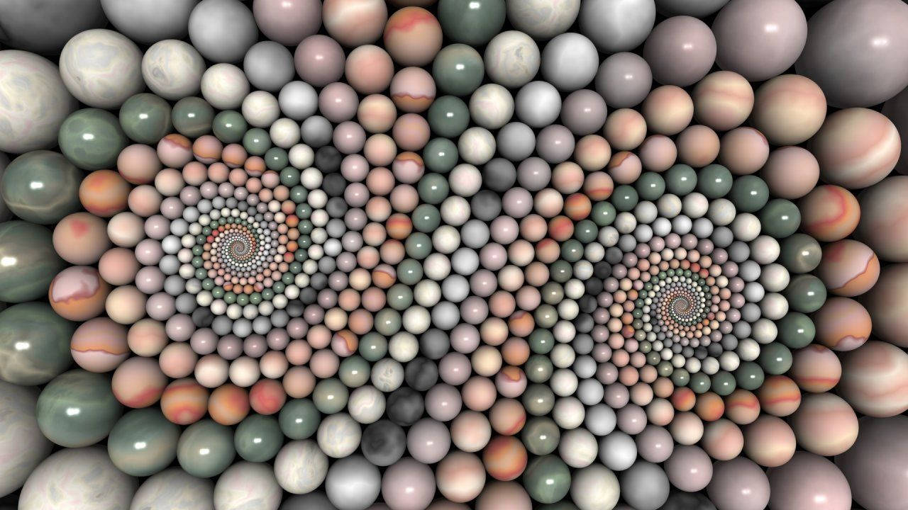 抽象數位藝術作品，螺旋球體創造漩渦圖案。