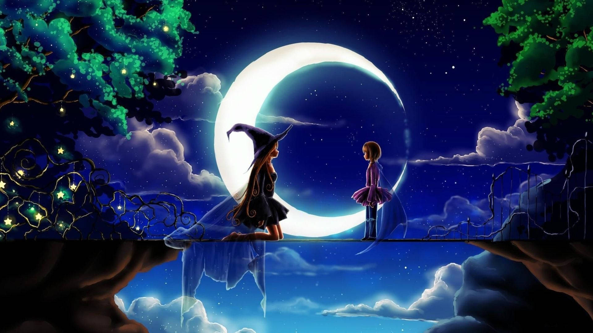一個女巫和一個女孩在夜晚的魔法森林中，在閃爍的彎月下相遇。 — 仙子美學動態圖 壁紙