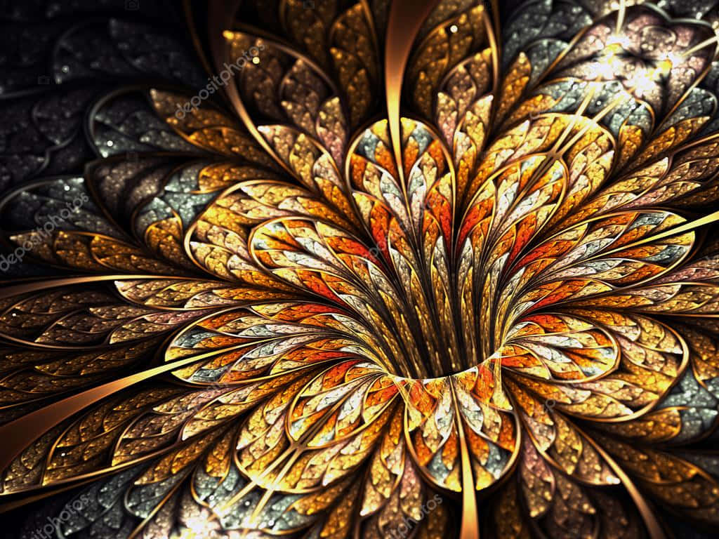金色分形花，帶有複雜的葉狀圖案向內螺旋。