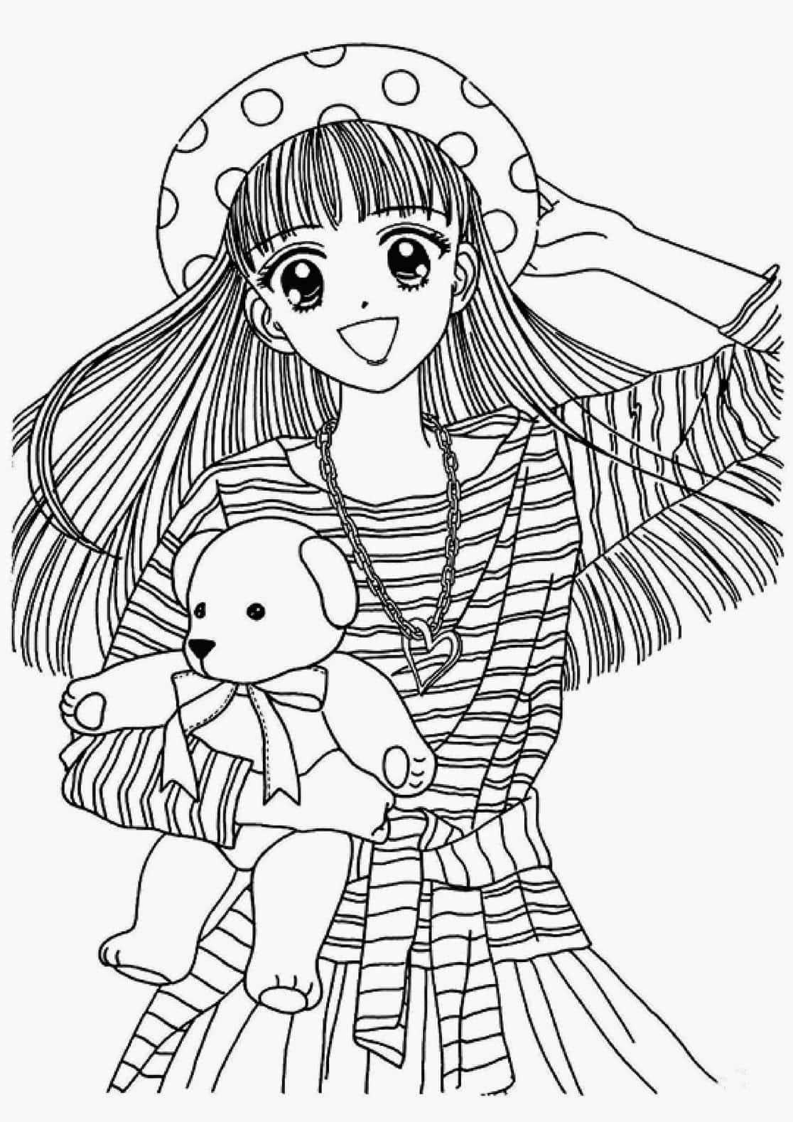 精緻動漫上色圖 壁紙 — 一個開心的動畫女孩，長頭髮戴著波點帽，抱著一隻泰迪熊，露出燦爛的笑容。