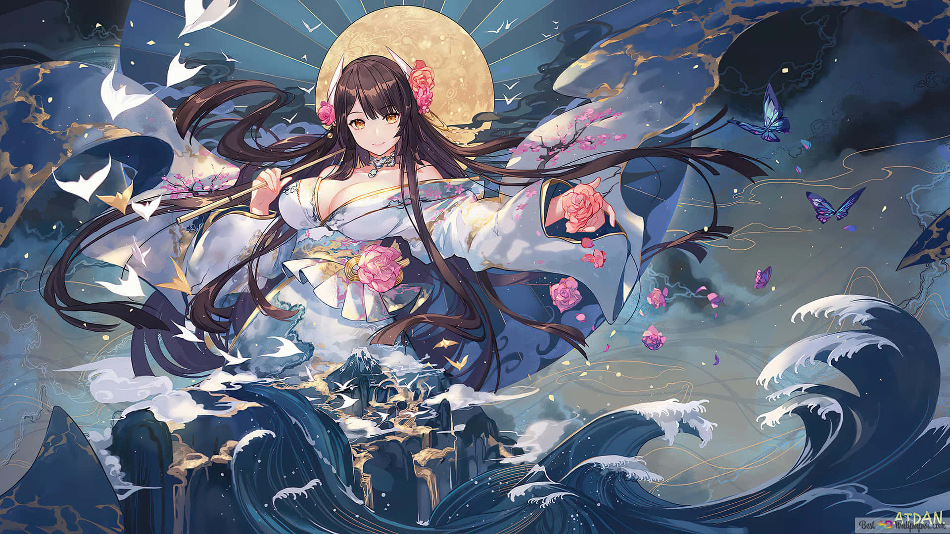 穿著和服的動漫女孩漂浮在海浪之上，伴隨著月亮和蝴蝶
