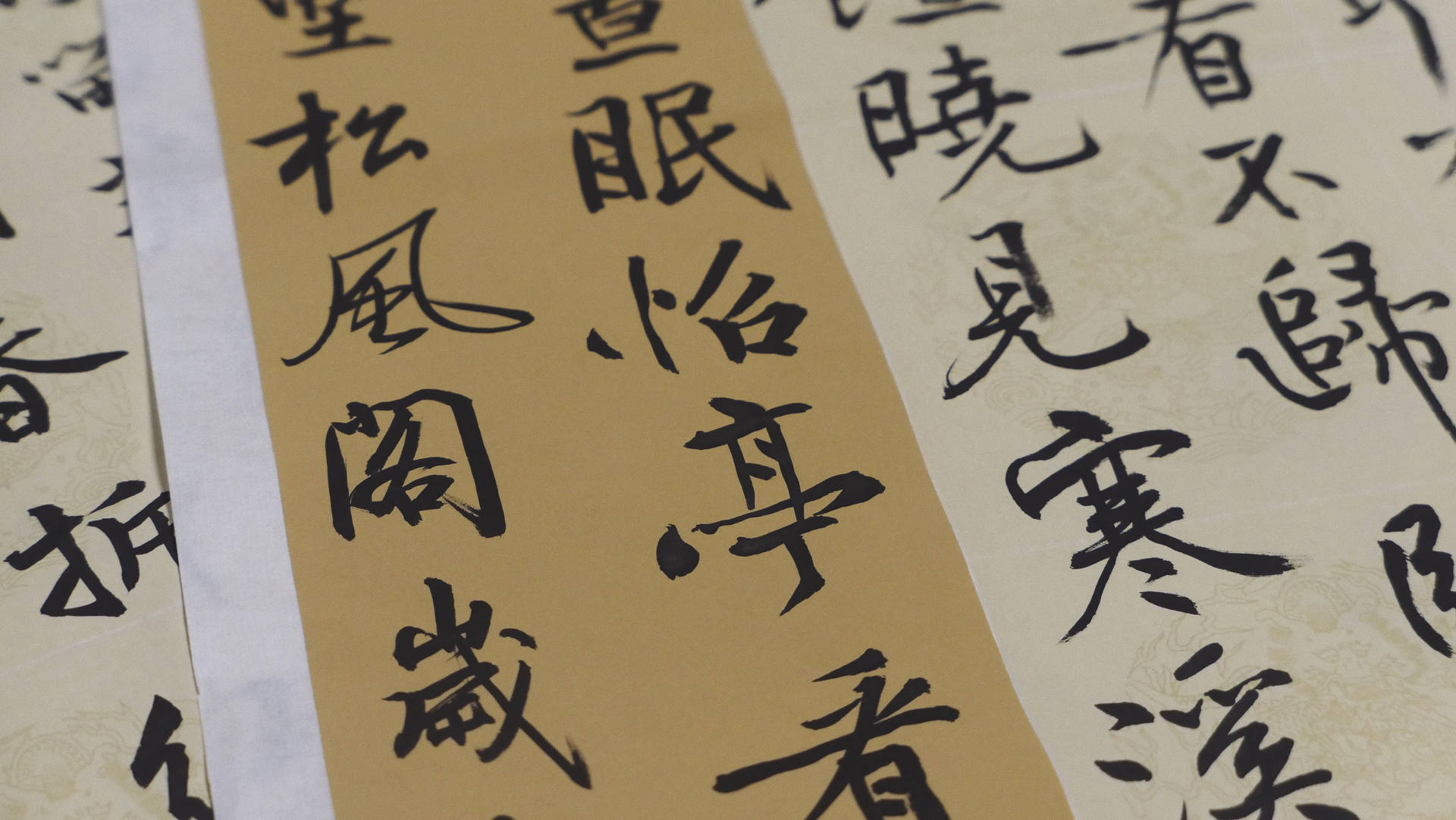 質感米色紙上中國毛筆書法的特寫，帶有花卉圖案。