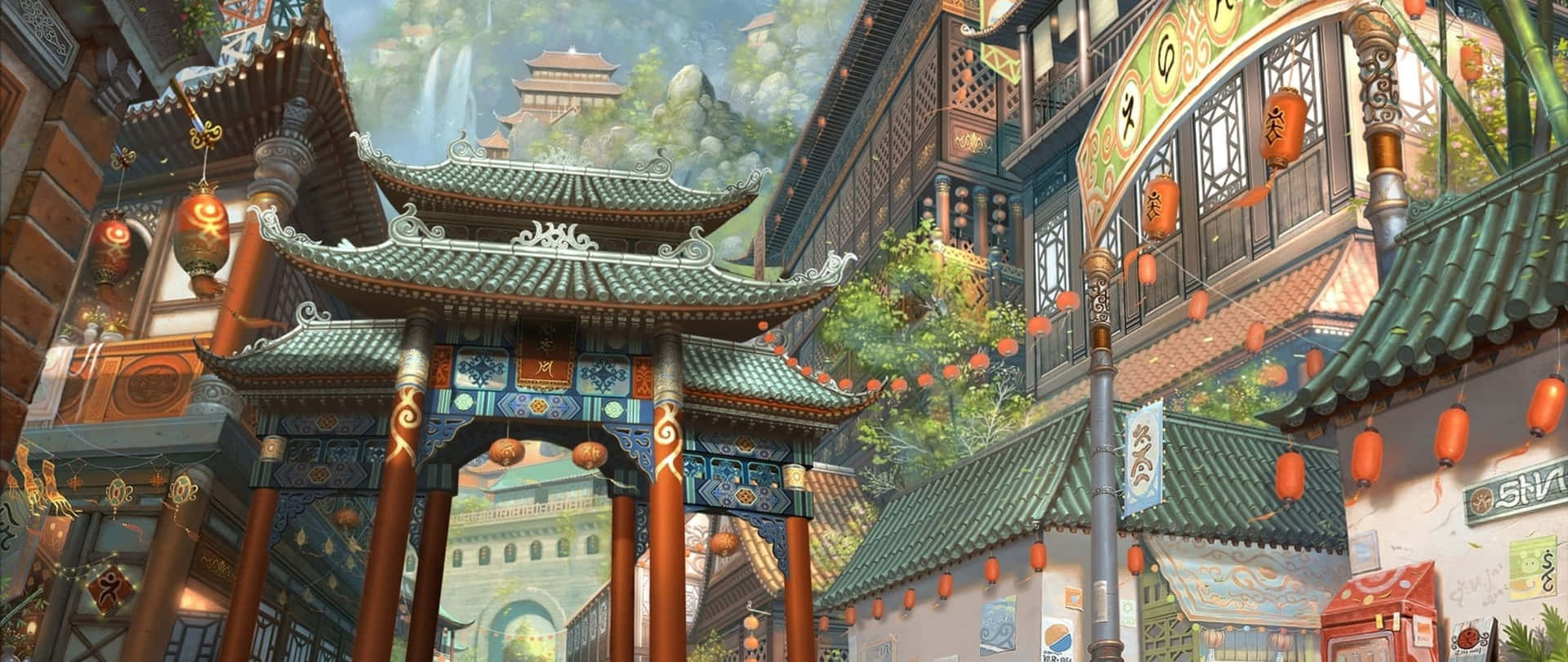 色彩繽紛的傳統中國街道，掛著紅燈籠和華麗的門樓。