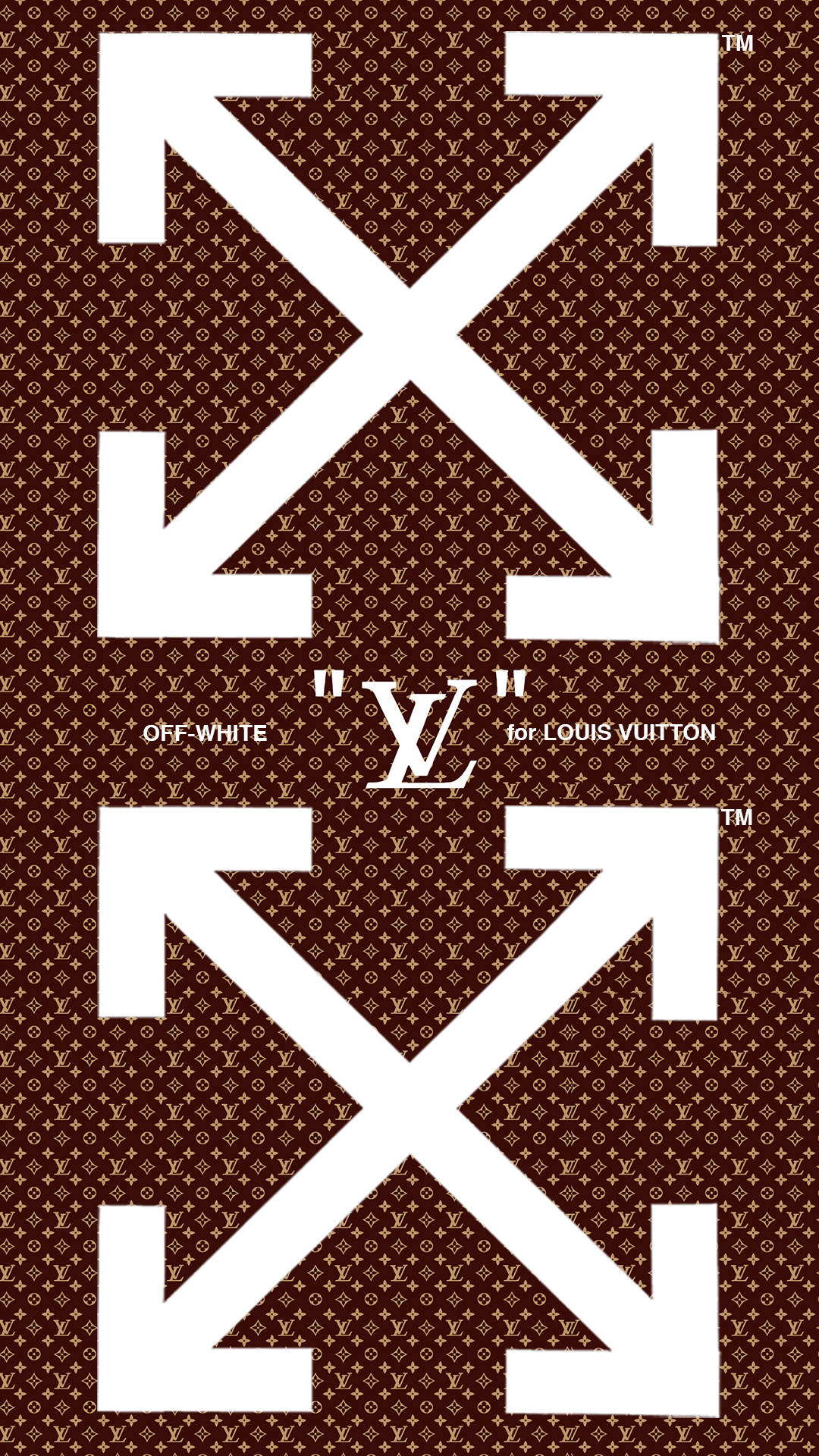 Off-White for Louis Vuitton 標誌，白色箭頭在棕色字母組合背景上。