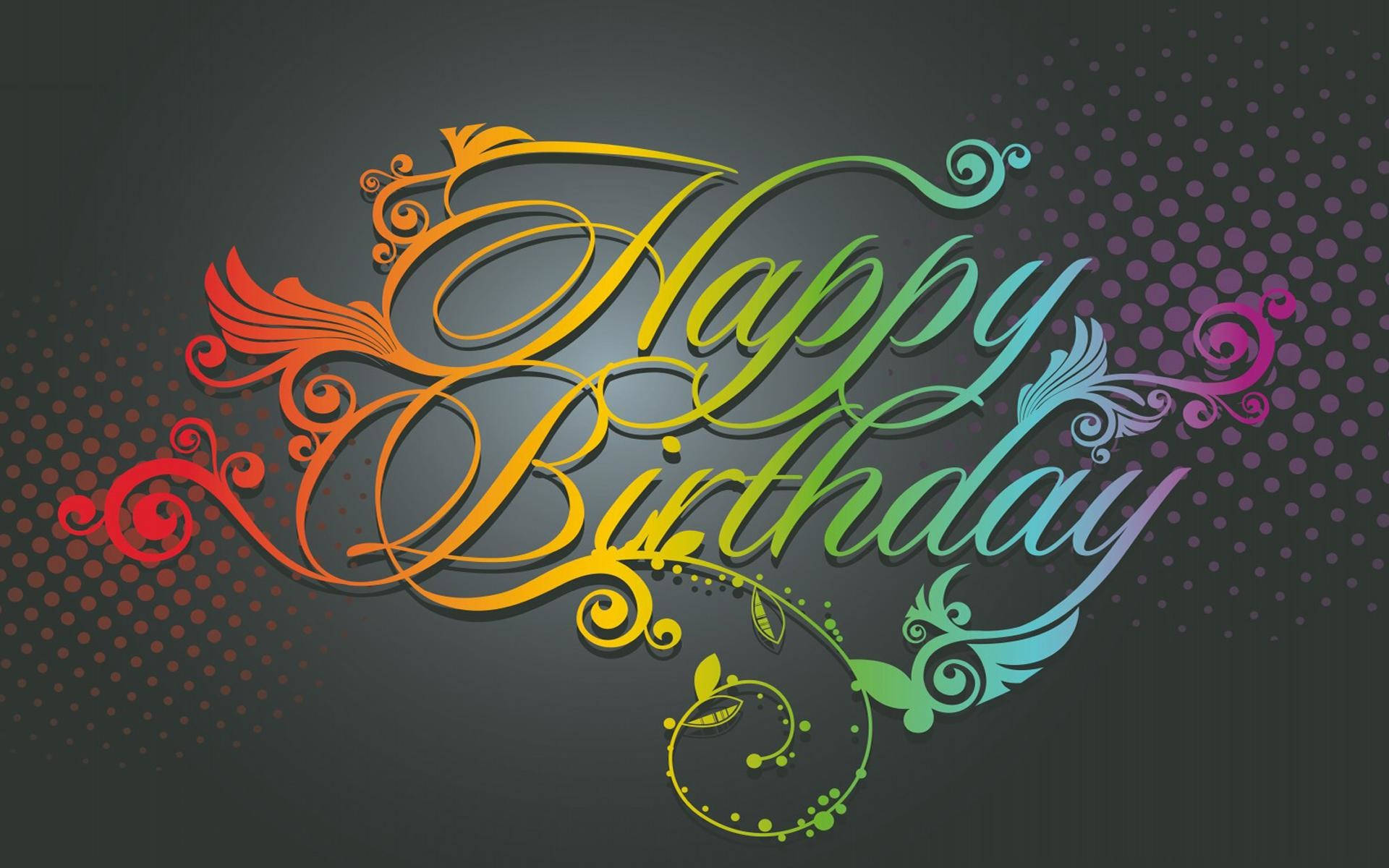喺深色點點背景上，用彩色草書寫成嘅Happy Birthday訊息，帶有裝飾性漩渦。