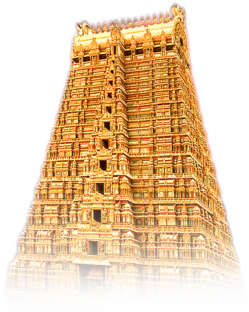 精緻寺廟塔樓建築 壁紙 — 一座高聳的金色寺廟 gopuram 在夜間被照亮，背景是黑色天空，邊緣發出紅色光芒。