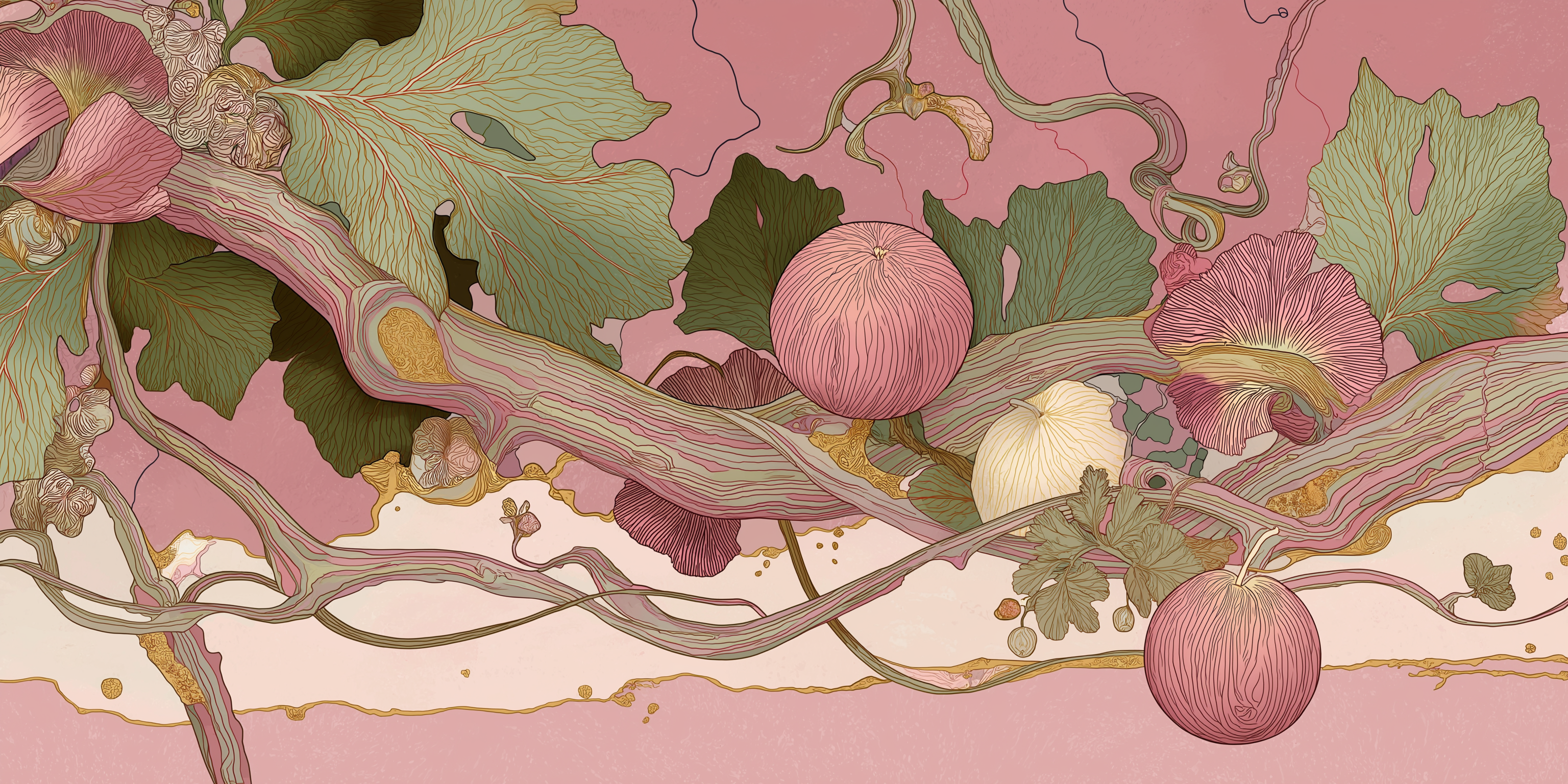 精緻彩色地毯 壁紙 — 一幅精緻的插圖，粉紅色和綠色的藤蔓上結著無花果和葉子，在柔和的粉紅色背景上蜿蜒盤繞。