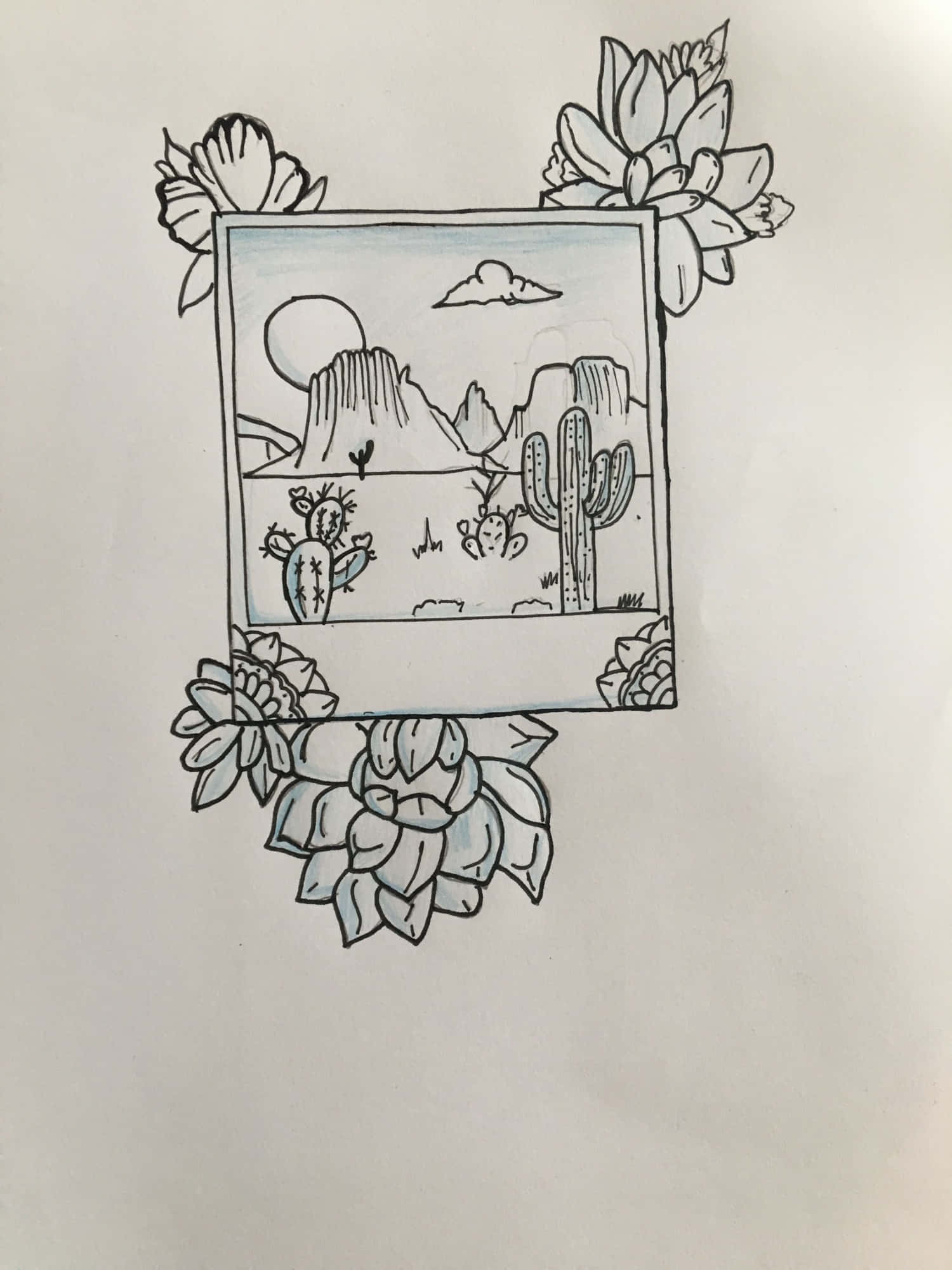 精緻手繪美學繪畫 壁紙 — 一幅手繪插圖，描繪沙漠場景，仙人掌和岩石形態被多肉植物框住。