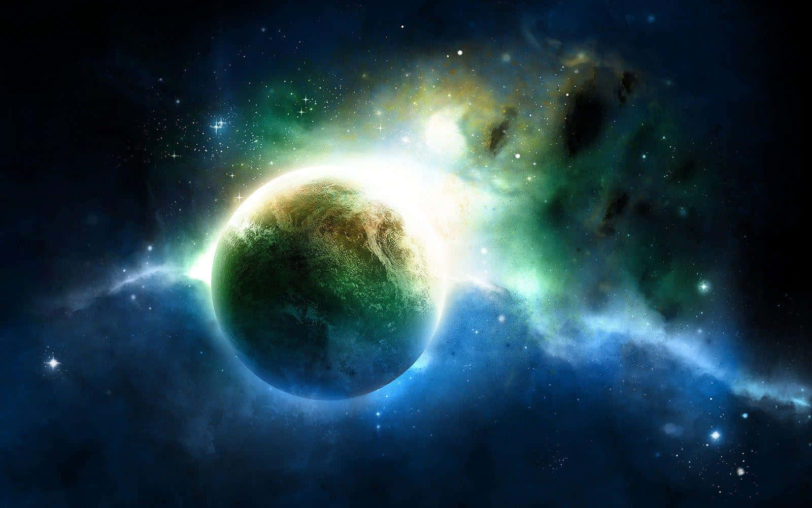一顆發光的行星，被色彩繽紛的星雲和深空中的恆星環繞。