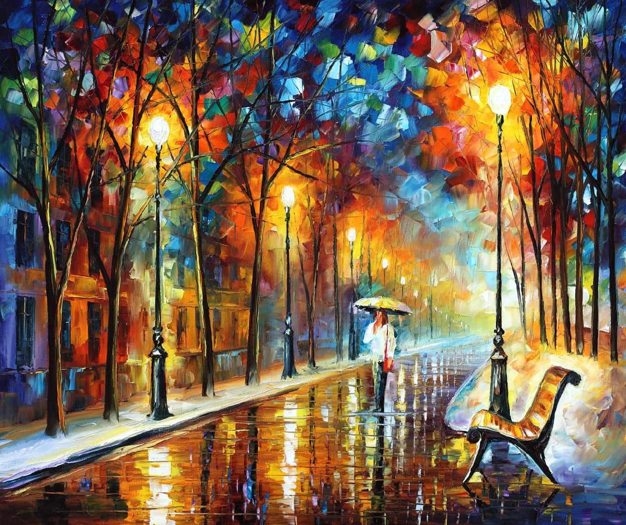 精緻描繪的寧靜風景畫 壁紙 — 一幅充滿活力的油畫，描繪雨夜的城市街道，一個孤獨的身影在發光的街燈下撐著傘。