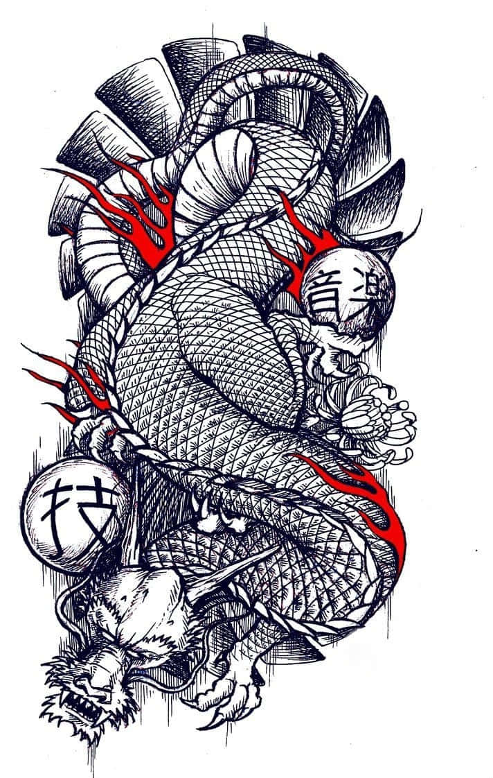 精緻日本紋身設計 壁紙 — 一個詳細的黑色墨水紋身風格插圖，描繪一條盤繞的龍，帶有紅色火焰點綴和球體上的日文字元。