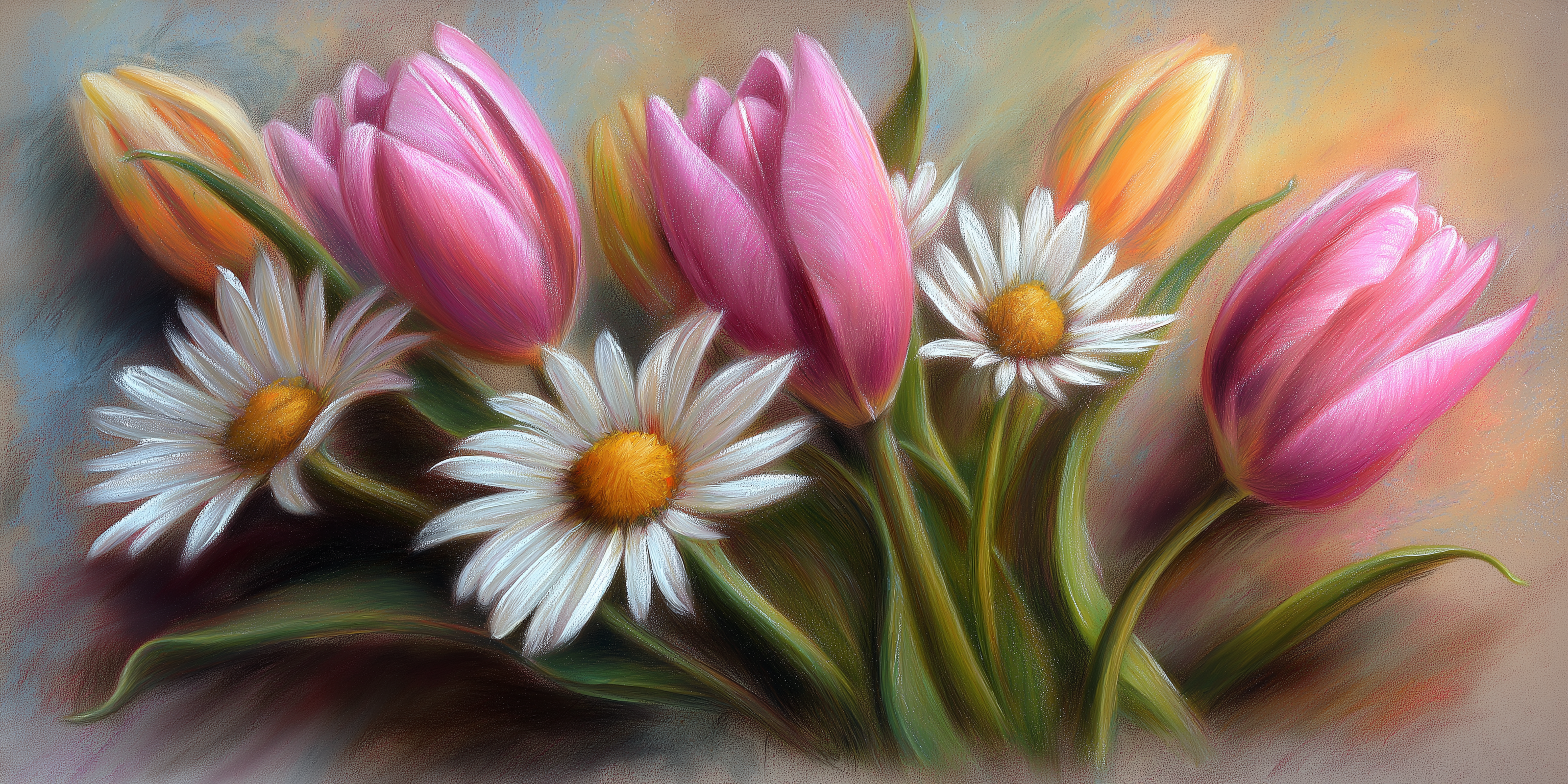 精緻春季花束 壁紙 — 一幅柔和粉彩畫，描繪粉紅色鬱金香和帶有黃色花心的白色雛菊，以溫柔的簇狀排列。